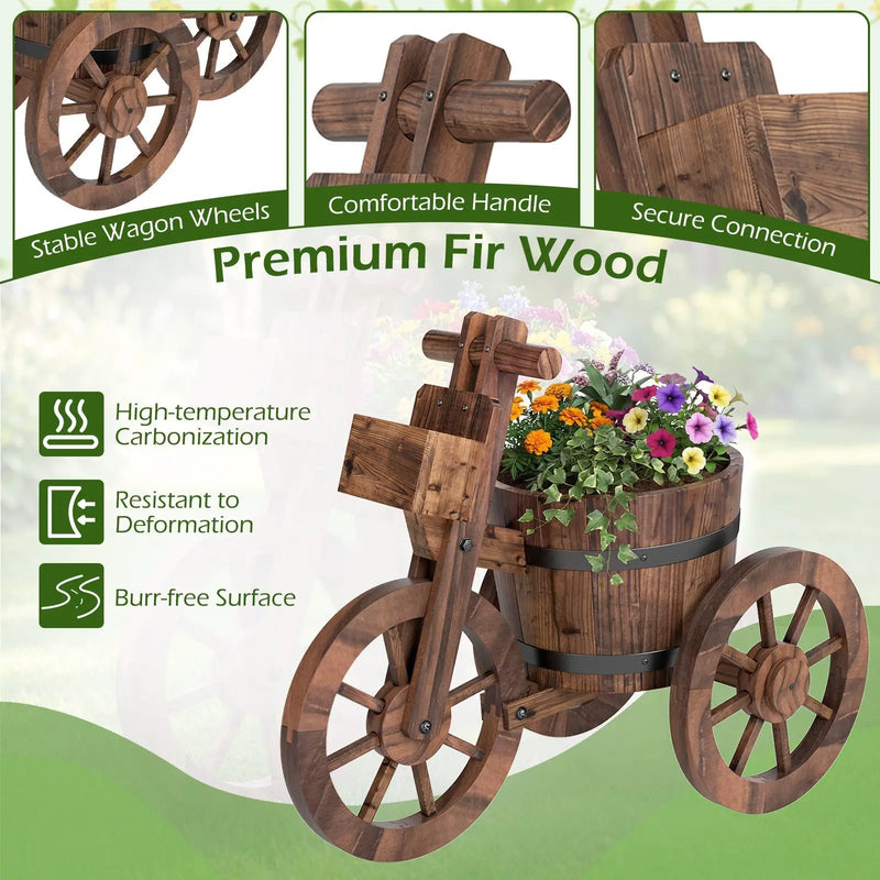 Rustic Wood Tricycle Planter with Wheels and Storage Box-Coffee by DirectDeals