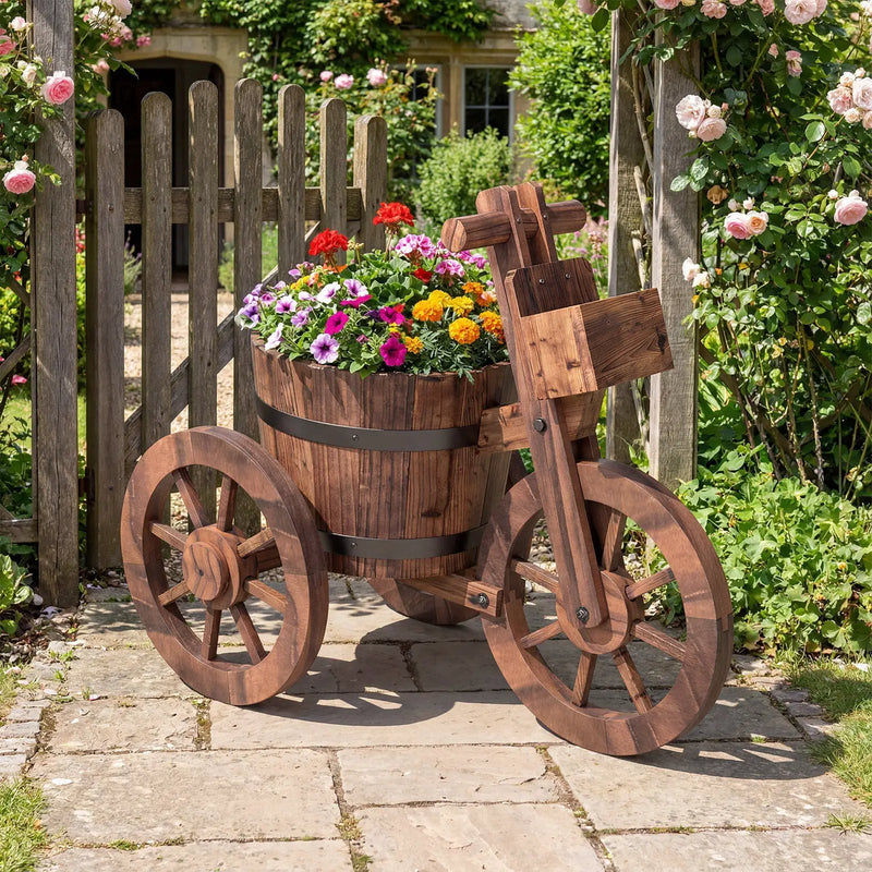 Rustic Wood Tricycle Planter with Wheels and Storage Box-Coffee by DirectDeals