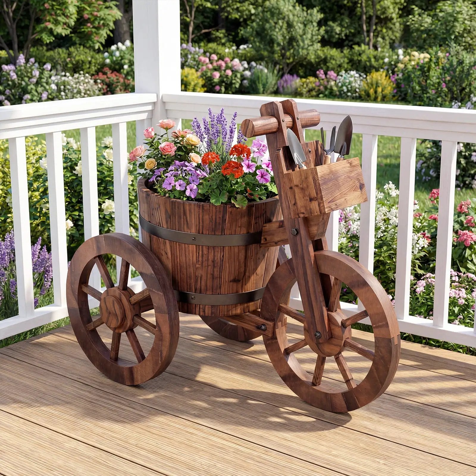 Rustic Wood Tricycle Planter with Wheels and Storage Box-Coffee by DirectDeals