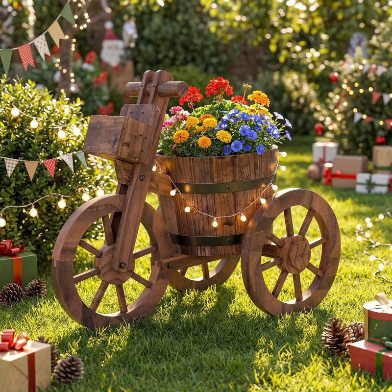 Rustic Wood Tricycle Planter with Wheels and Storage Box-Coffee by DirectDeals
