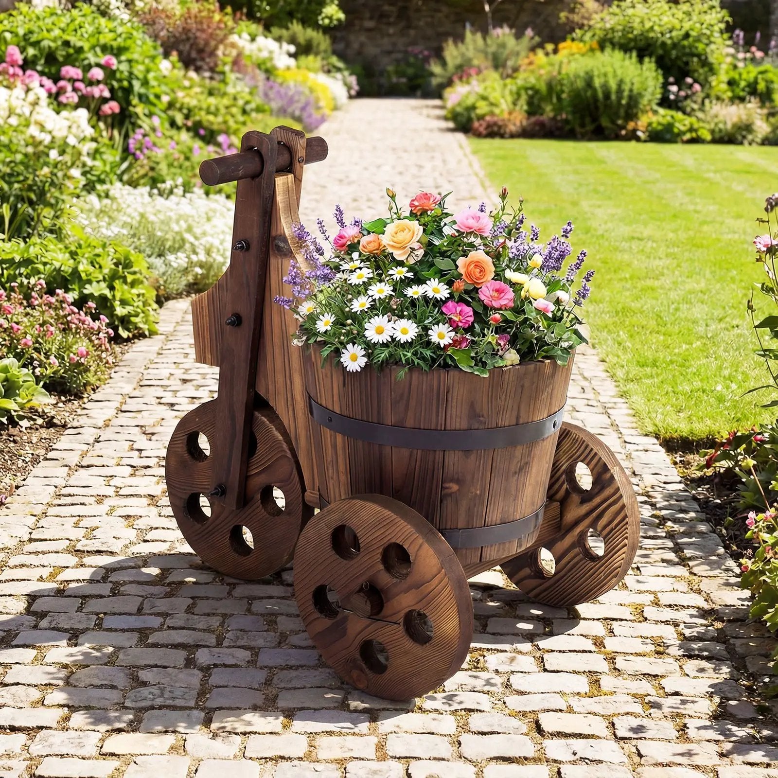 Rustic Wood Tricycle Planter Barrel Flower Pot Cart with Drainage Hole-Coffee by DirectDeals