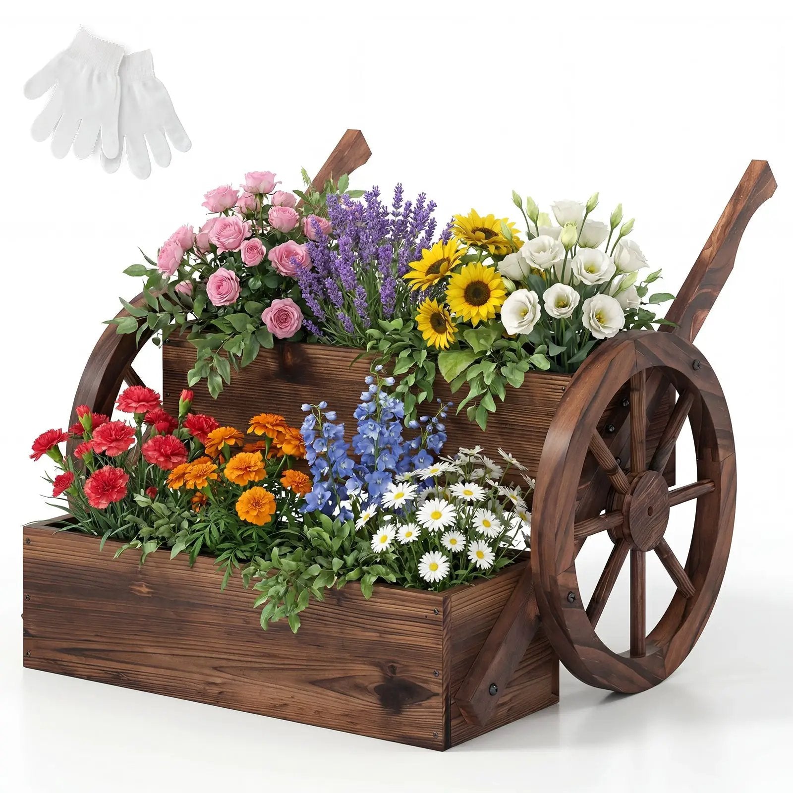 Rustic Wood Wagon Planter 2-Tier Versatile Raised Garden Bed with Wheels-Brown by DirectDeals