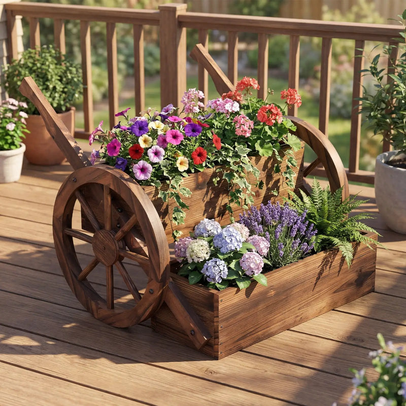 Rustic Wood Wagon Planter 2-Tier Versatile Raised Garden Bed with Wheels-Brown by DirectDeals