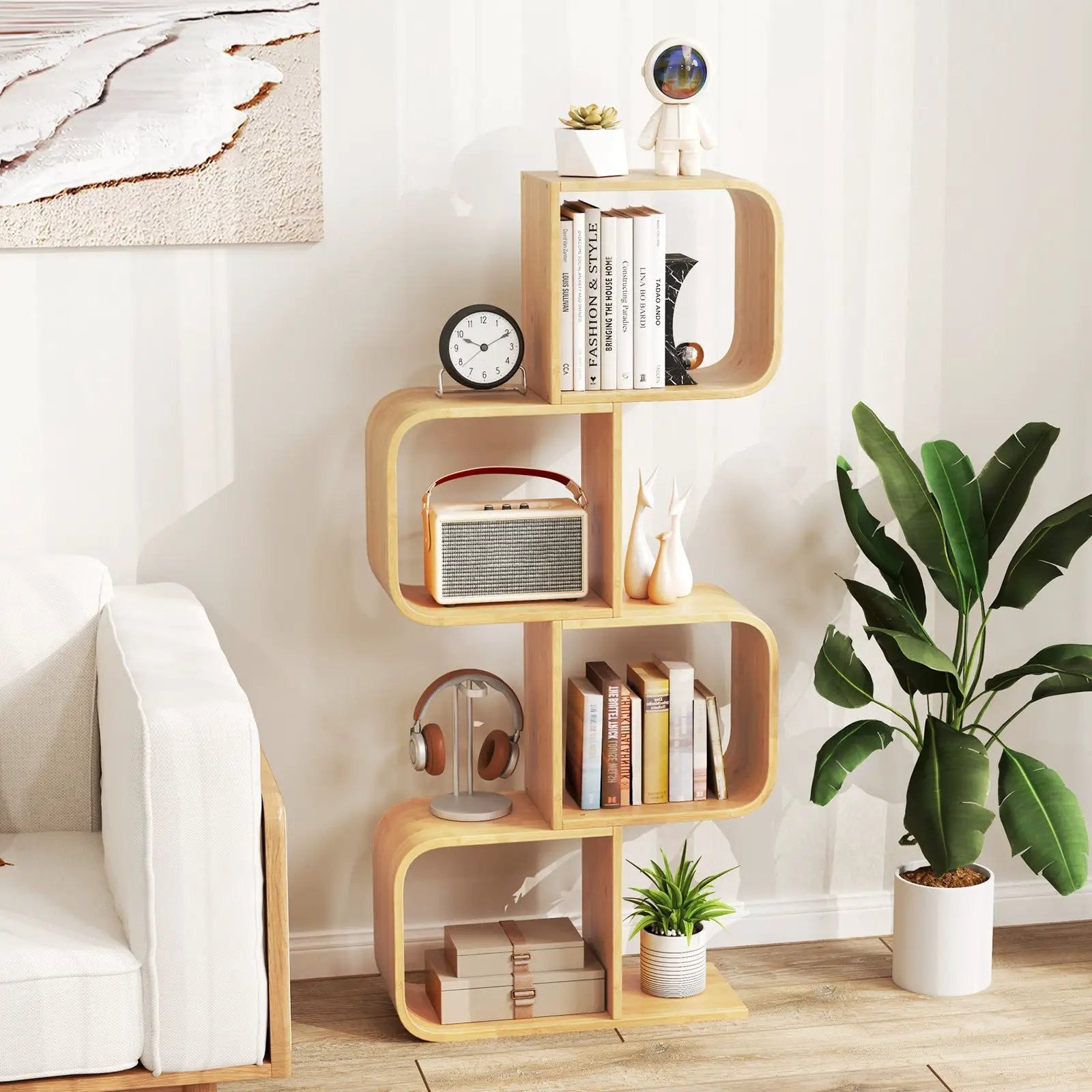 4-Tier S-Shaped Bamboo Bookcase with 4 Open Cubes for Living Room-Natural by DirectDeals