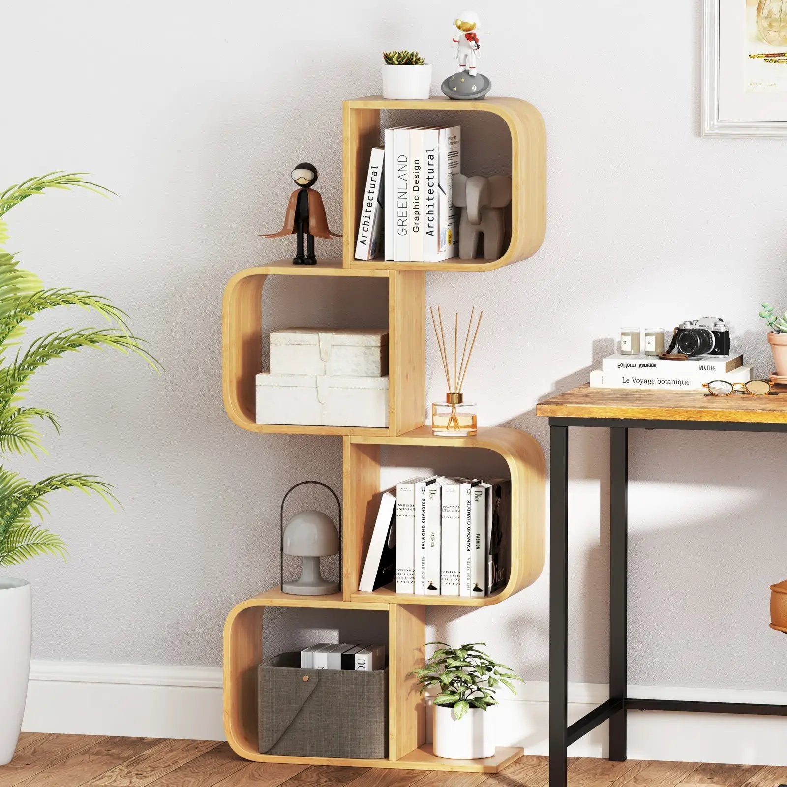 4-Tier S-Shaped Bamboo Bookcase with 4 Open Cubes for Living Room-Natural by DirectDeals