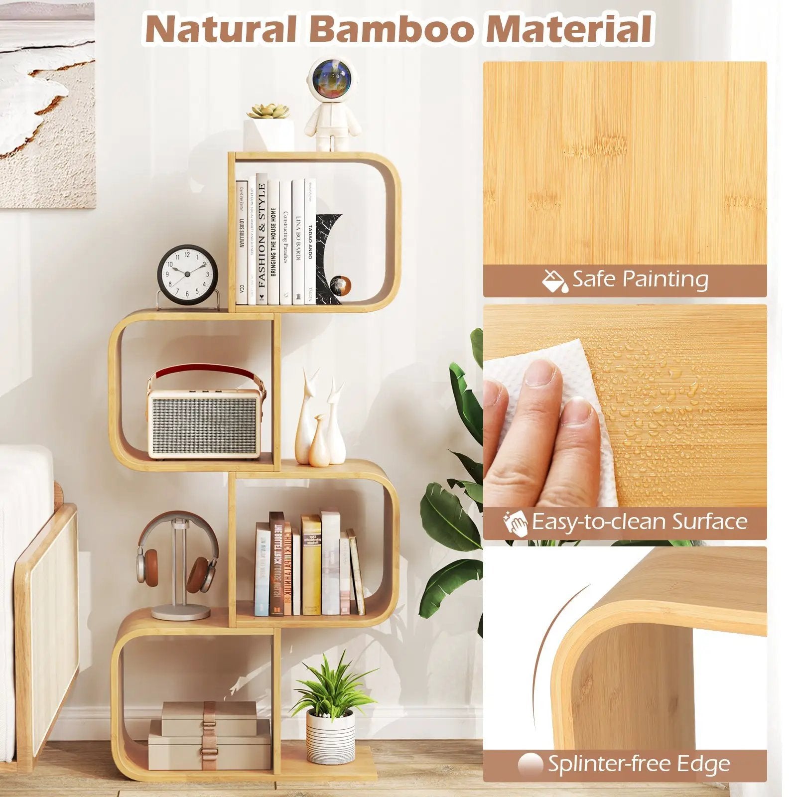 4-Tier S-Shaped Bamboo Bookcase with 4 Open Cubes for Living Room-Natural by DirectDeals