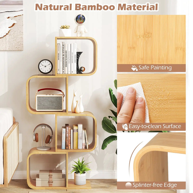 4-Tier S-Shaped Bamboo Bookcase with 4 Open Cubes for Living Room-Natural by DirectDeals