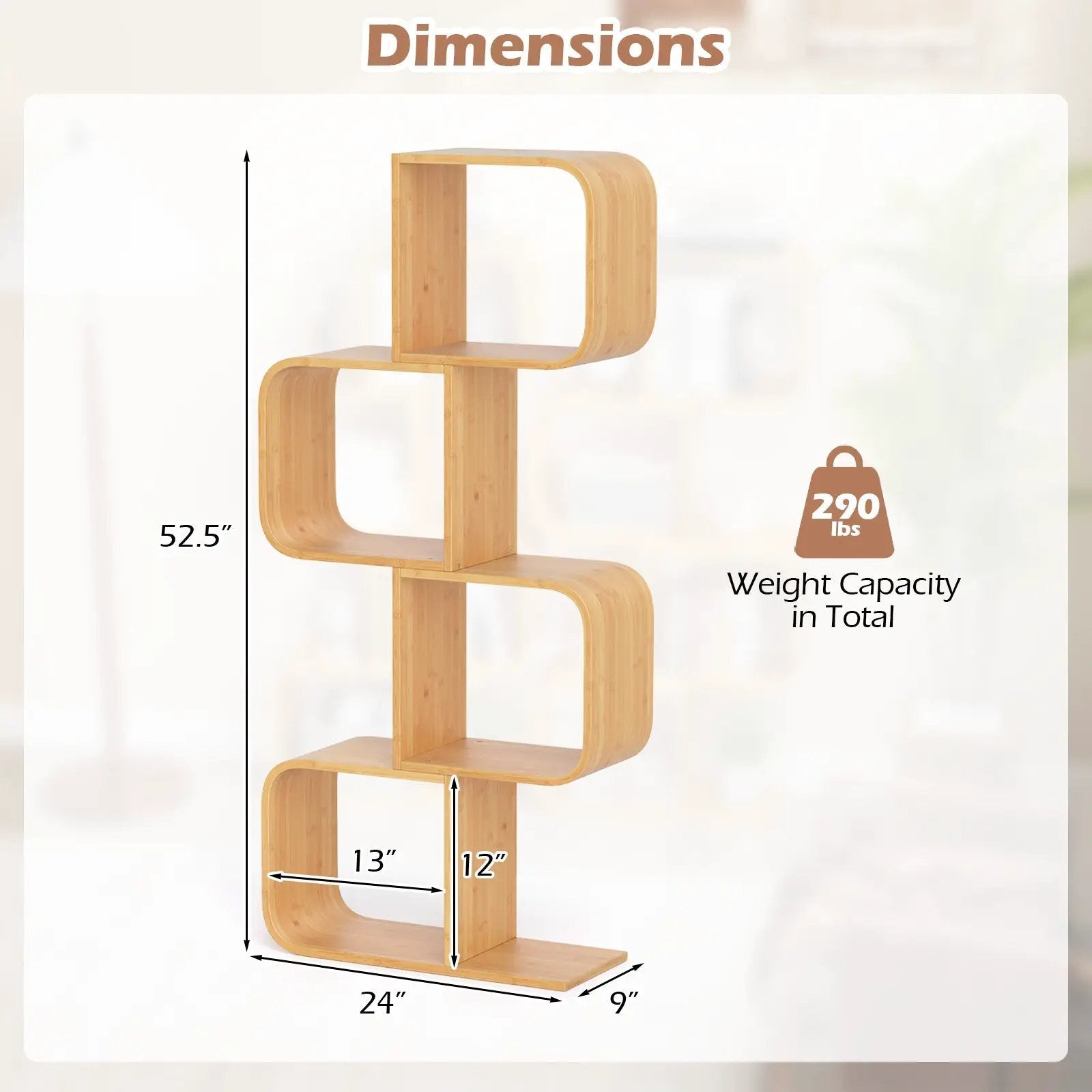 4-Tier S-Shaped Bamboo Bookcase with 4 Open Cubes for Living Room-Natural by DirectDeals