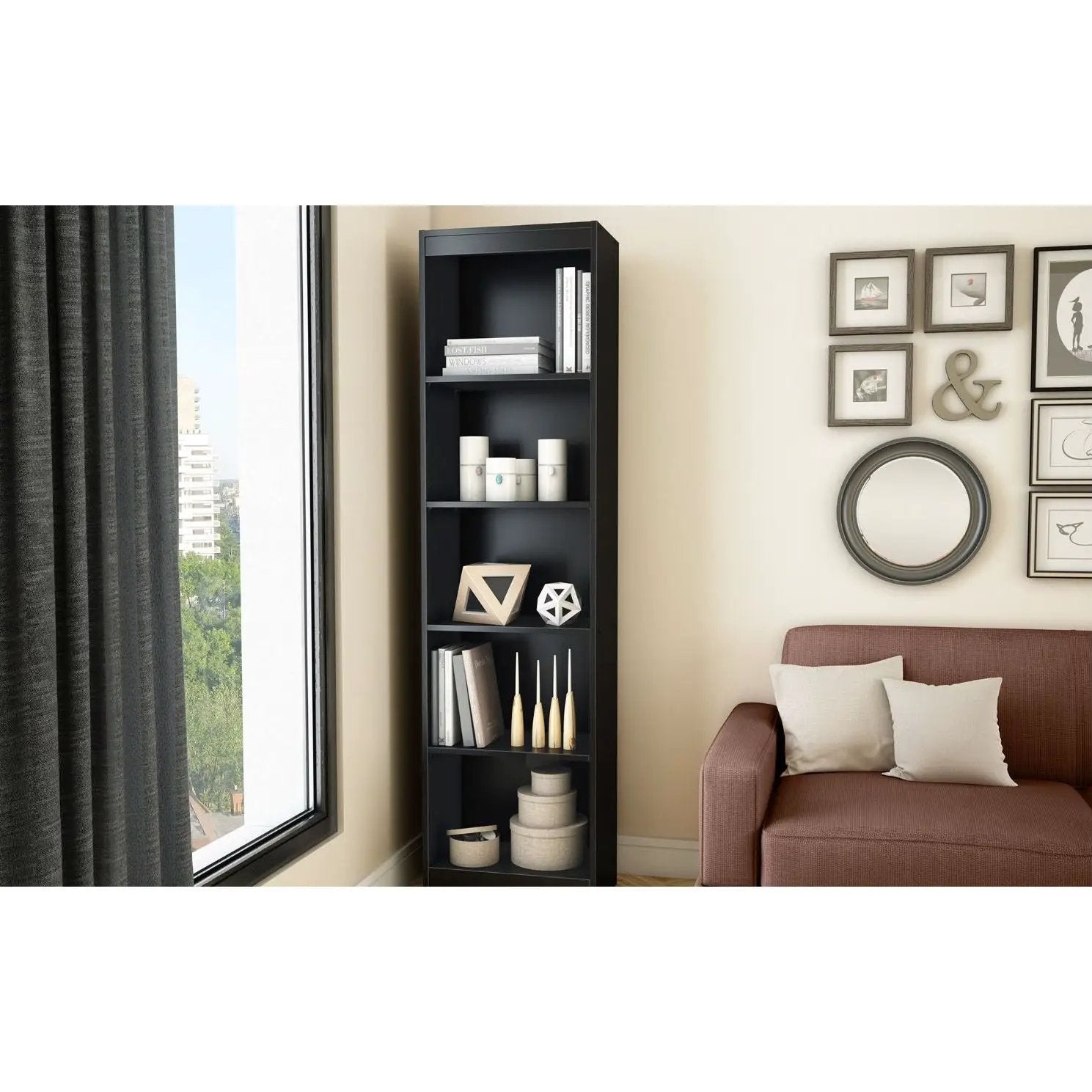 5-Shelf Narrow Bookcase Black Finish by HomePacific