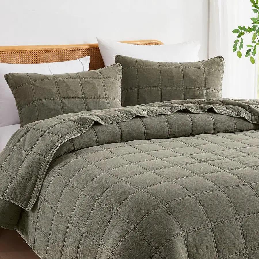 Full/Queen Size 3-Piece Sage Green Faded Stone Washed Cotton Quilt Set by HomePacific