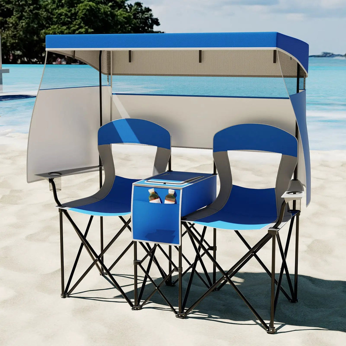 Double Beach Chair with Adjustable Canopy and 3 -Side Shading Curtains