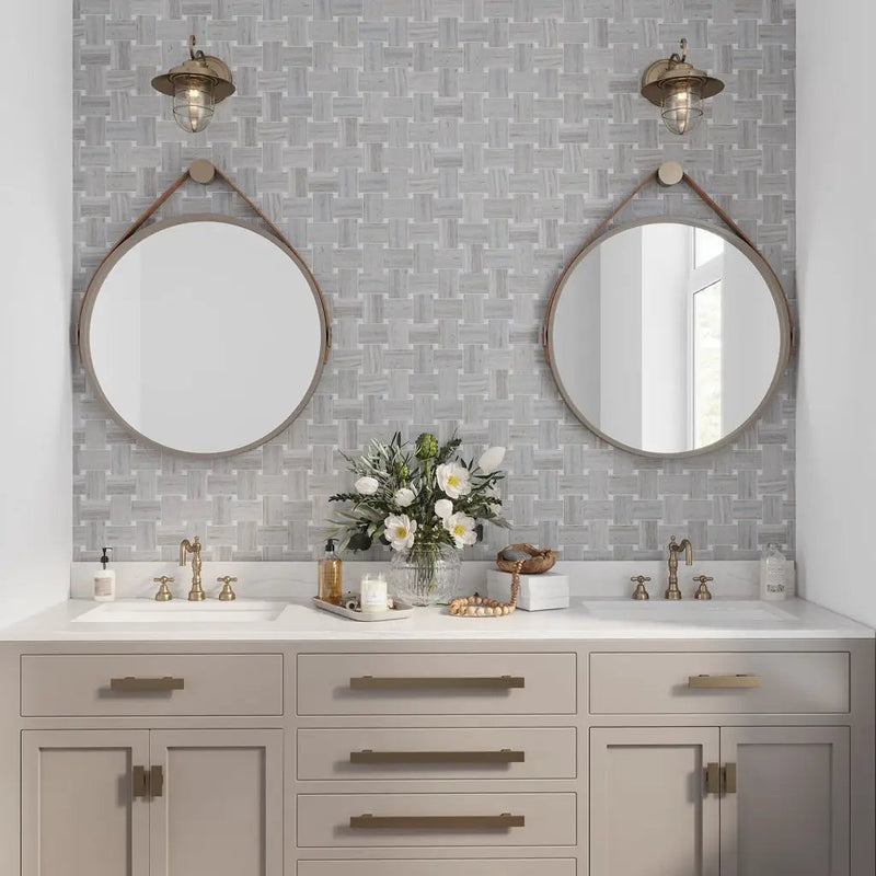 Light Beige with Soft Gray 11x11 Polished Basketweave Crystal Sand Thassoss Marble Mosaic Tile (5 pack, 4.13 sq ft/case) by Apollo Tile
