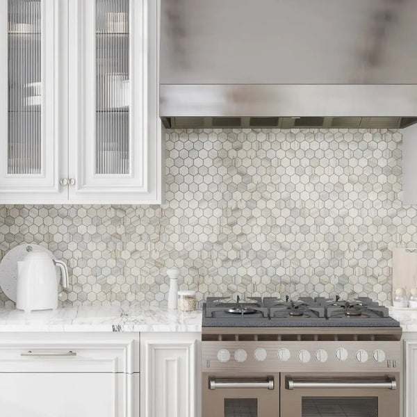 Soft White with Beige 12x12 Polished Hexagon Crystal Sand Marble Mosaic Tile (5 pack, 4.83 sq ft/case), photo 2 of 3