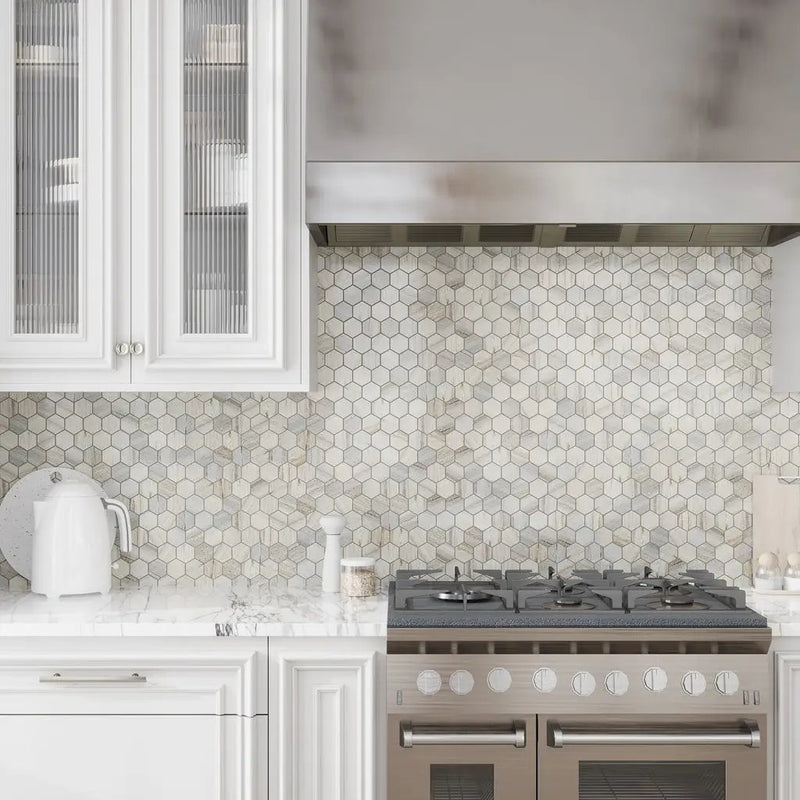 Soft White with Beige 12x12 Polished Hexagon Crystal Sand Marble Mosaic Tile (5 pack, 4.83 sq ft/case)