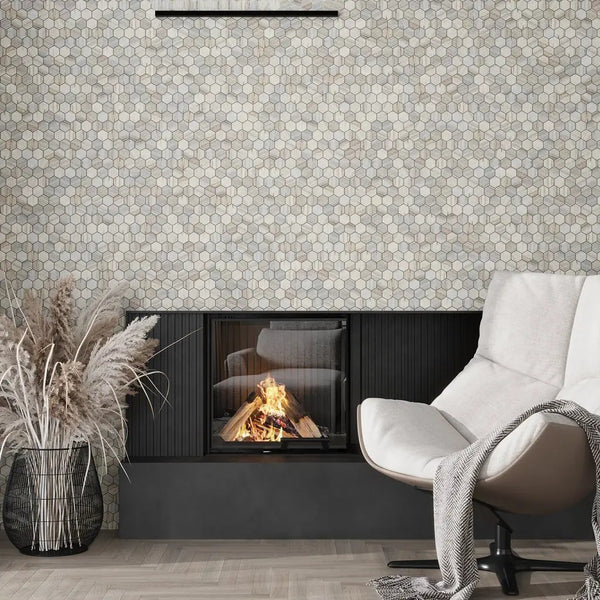 Soft White with Beige 12x12 Honed Hexagon Crystal Sand Marble Mosaic Tile (5 pack, 4.83 sq ft/case), photo 2 of 3