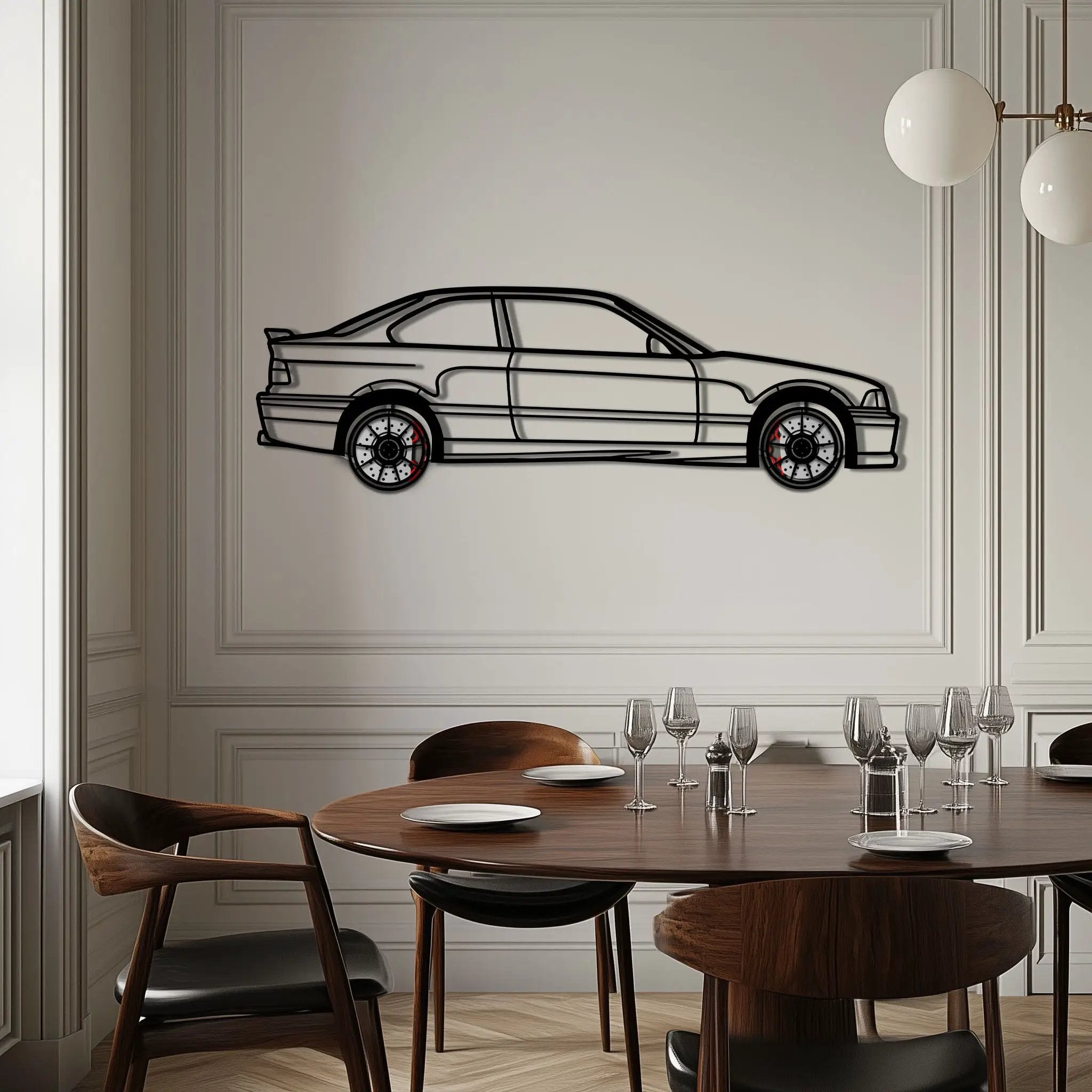 BMW E36 M3 Metal Car Wall Art with Rotating Wheels - 90s Performance Legend Silhouette - Interactive Automotive Wall Decor - KAFMEKA101 by Enova Art