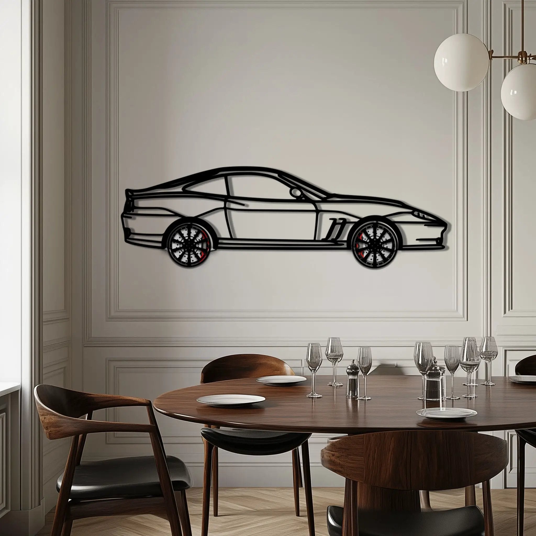 Ferrari 550 Maranello Metal Car Wall Art with Rotating Wheels - V12 Grand Tourer Silhouette - Interactive Automotive Wall Decor - KAFMEKA129 by Enova Art