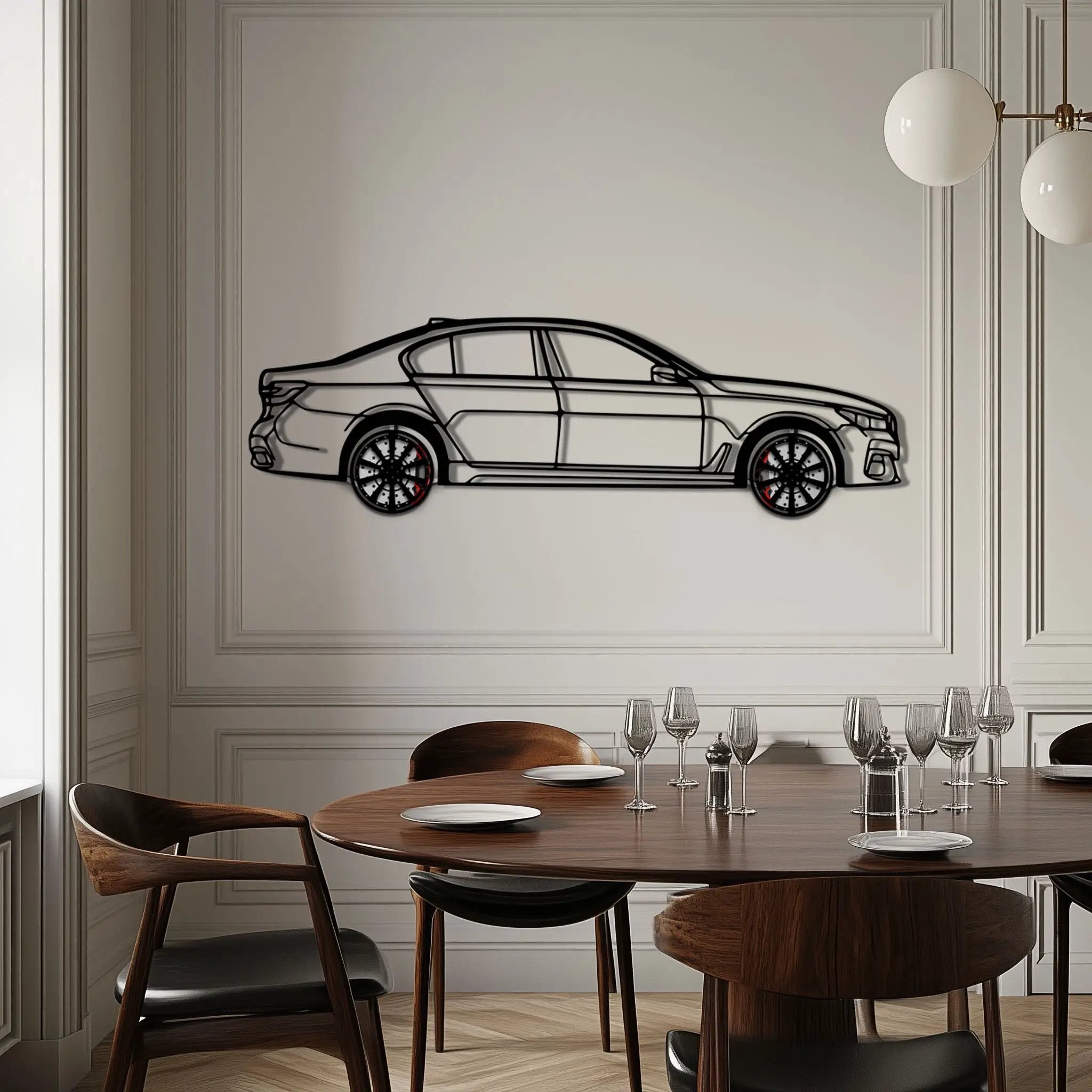 BMW 750i Metal Car Wall Art with Rotating Wheels - Luxury Executive Sedan Silhouette - Interactive Automotive Wall Decor - KAFMEKA104 by Enova Art