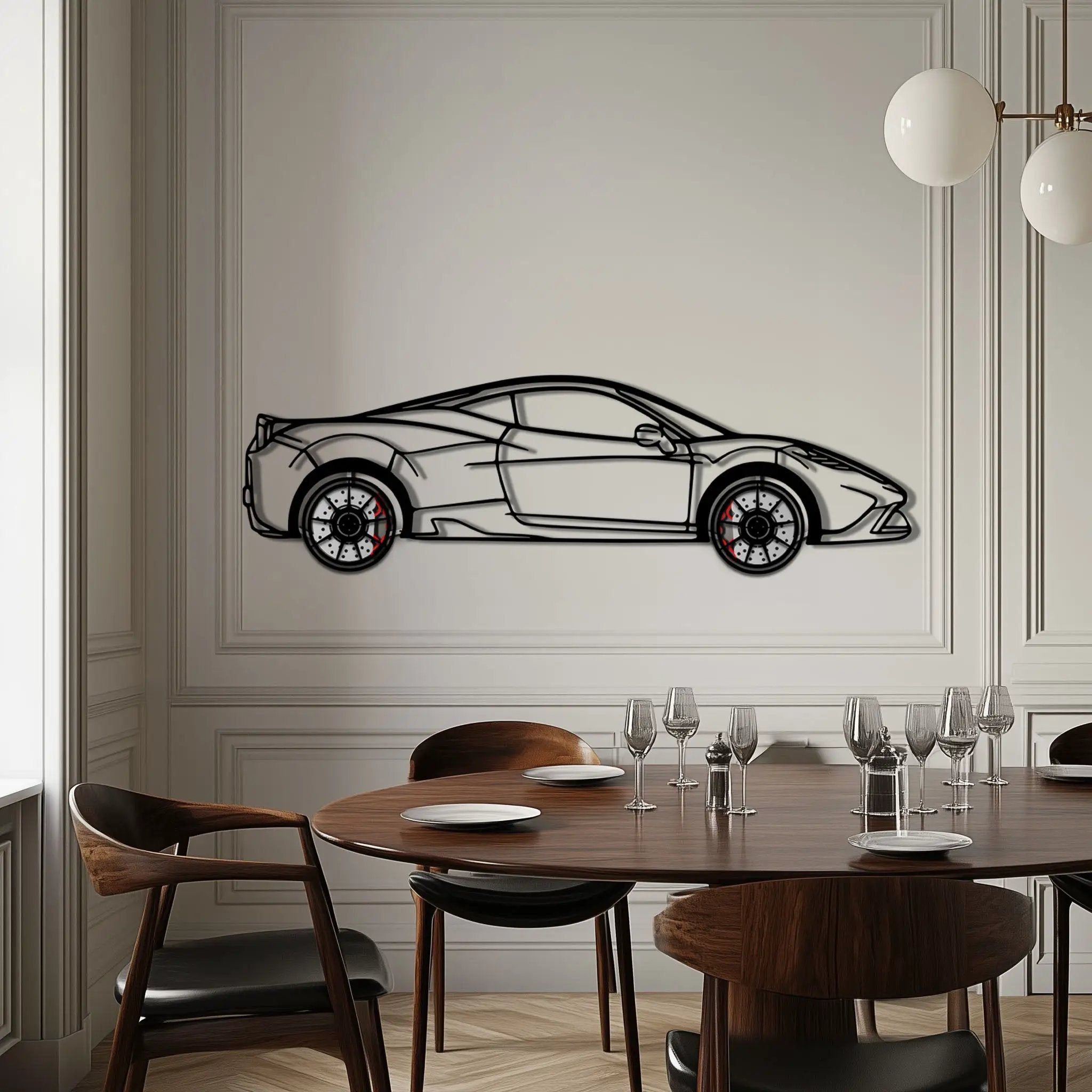 Ferrari 458 Speciale Metal Car Wall Art with Rotating Wheels - Track-Focused V8 Silhouette - Interactive Automotive Wall Decor - KAFMEKA125 by Enova Art