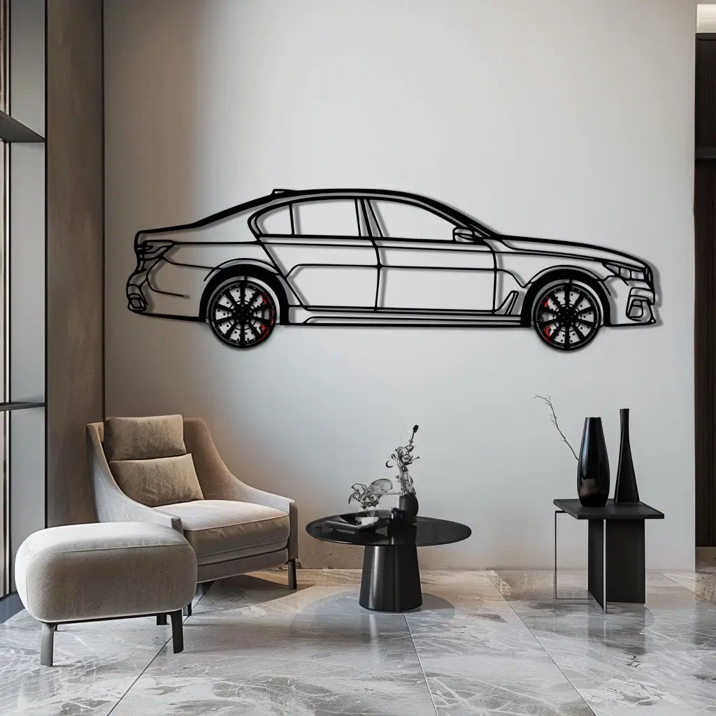 BMW 750i Metal Car Wall Art with Rotating Wheels - Luxury Executive Sedan Silhouette - Interactive Automotive Wall Decor - KAFMEKA104 by Enova Art