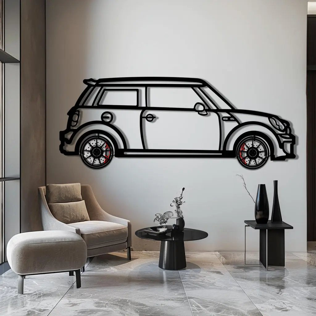 Mini Cooper Metal Car Wall Art with Rotating Wheels - Iconic British Compact Silhouette - Interactive Automotive Wall Decor - KAFMEKA151 by Enova Art