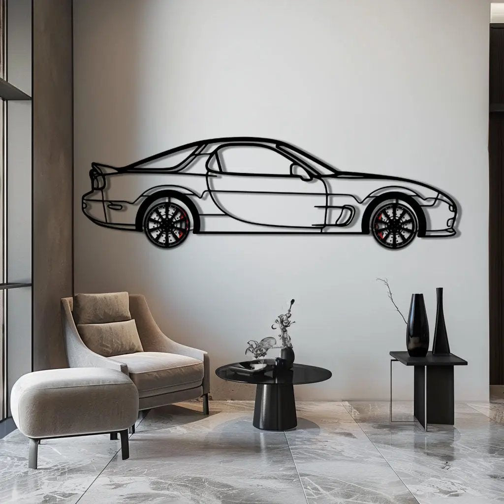 Mazda RX-7 Metal Car Wall Art with Rotating Wheels - FD3S Rotary Legend Silhouette - Interactive Automotive Wall Decor - KAFMEKA147 by Enova Art