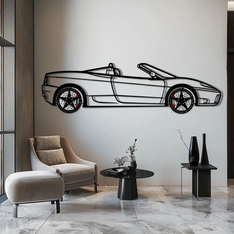 Ferrari 360 Spider Metal Car Wall Art with Rotating Wheels - Italian Convertible Supercar Silhouette - Interactive Automotive Wall Decor - KAFMEKA123 by Enova Art