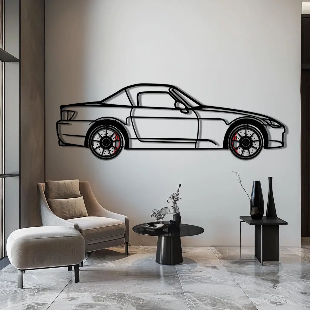 Honda S2000 Metal Car Wall Art with Rotating Wheels - JDM Roadster Silhouette - Interactive Automotive Wall Decor - KAFMEKA143 by Enova Art