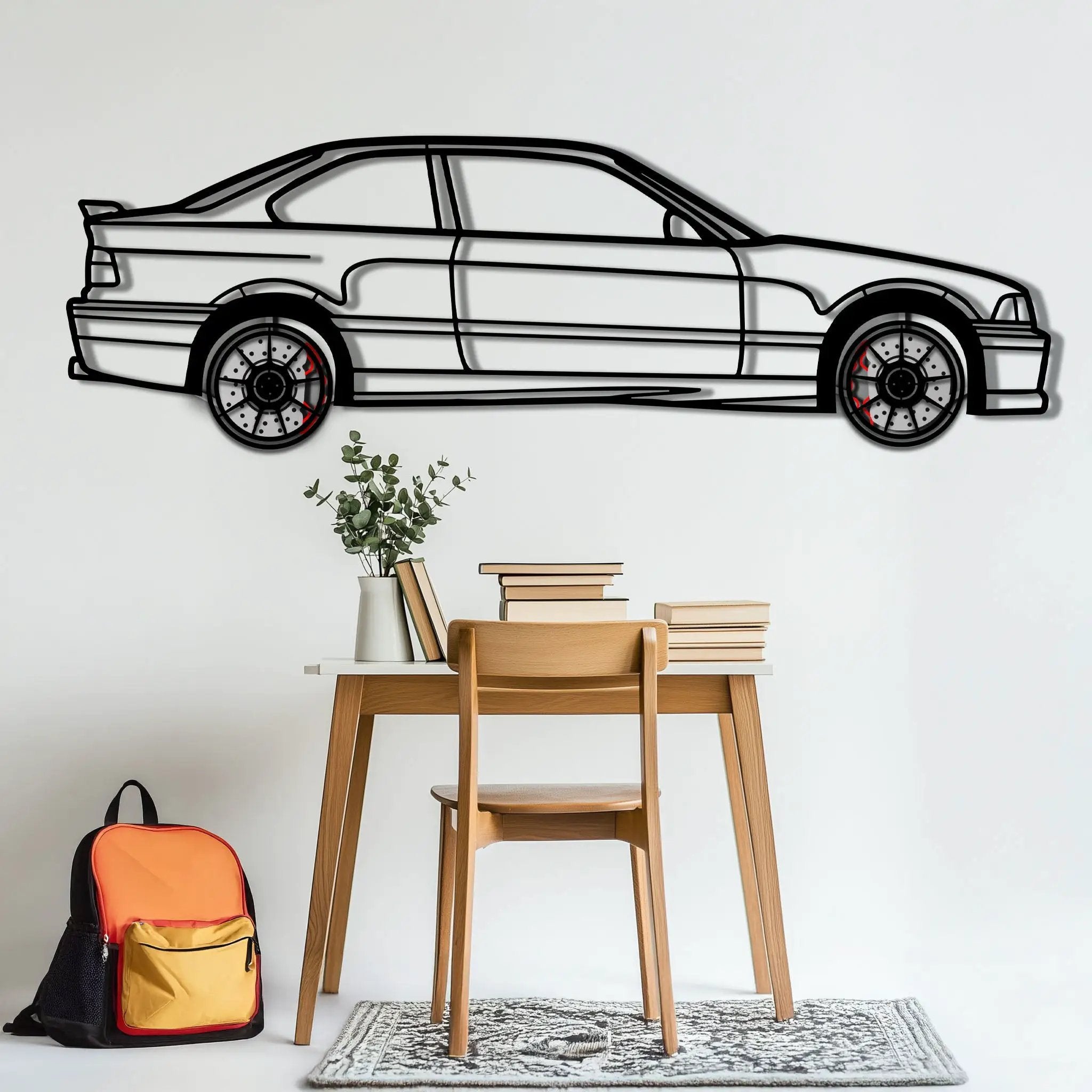 BMW E36 M3 Metal Car Wall Art with Rotating Wheels - 90s Performance Legend Silhouette - Interactive Automotive Wall Decor - KAFMEKA101 by Enova Art