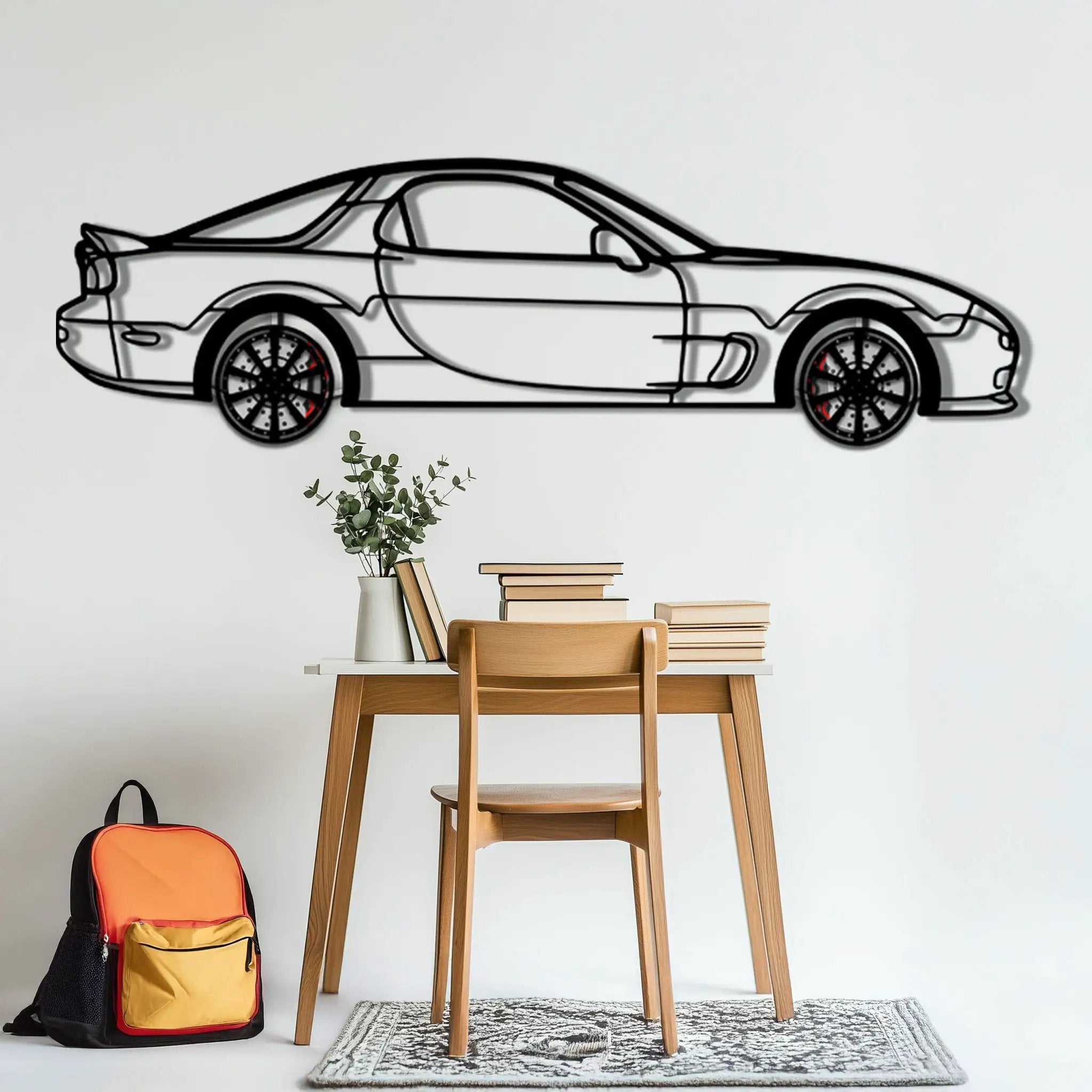Mazda RX-7 Metal Car Wall Art with Rotating Wheels - FD3S Rotary Legend Silhouette - Interactive Automotive Wall Decor - KAFMEKA147 by Enova Art