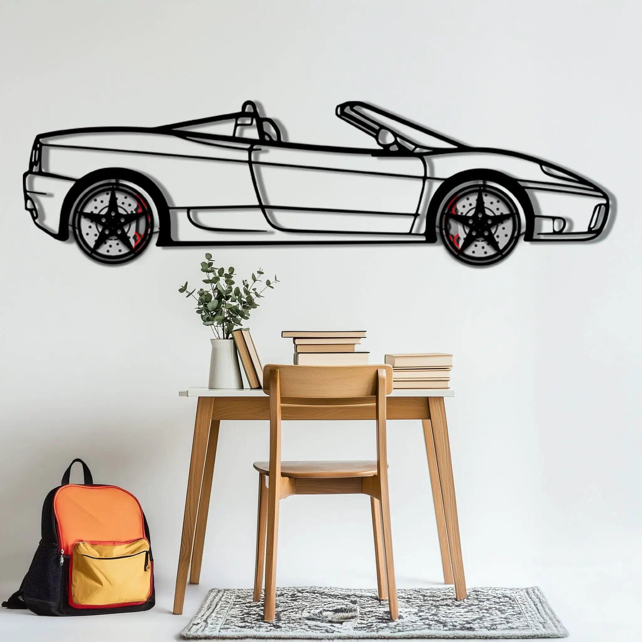 Ferrari 360 Spider Metal Car Wall Art with Rotating Wheels - Italian Convertible Supercar Silhouette - Interactive Automotive Wall Decor - KAFMEKA123 by Enova Art