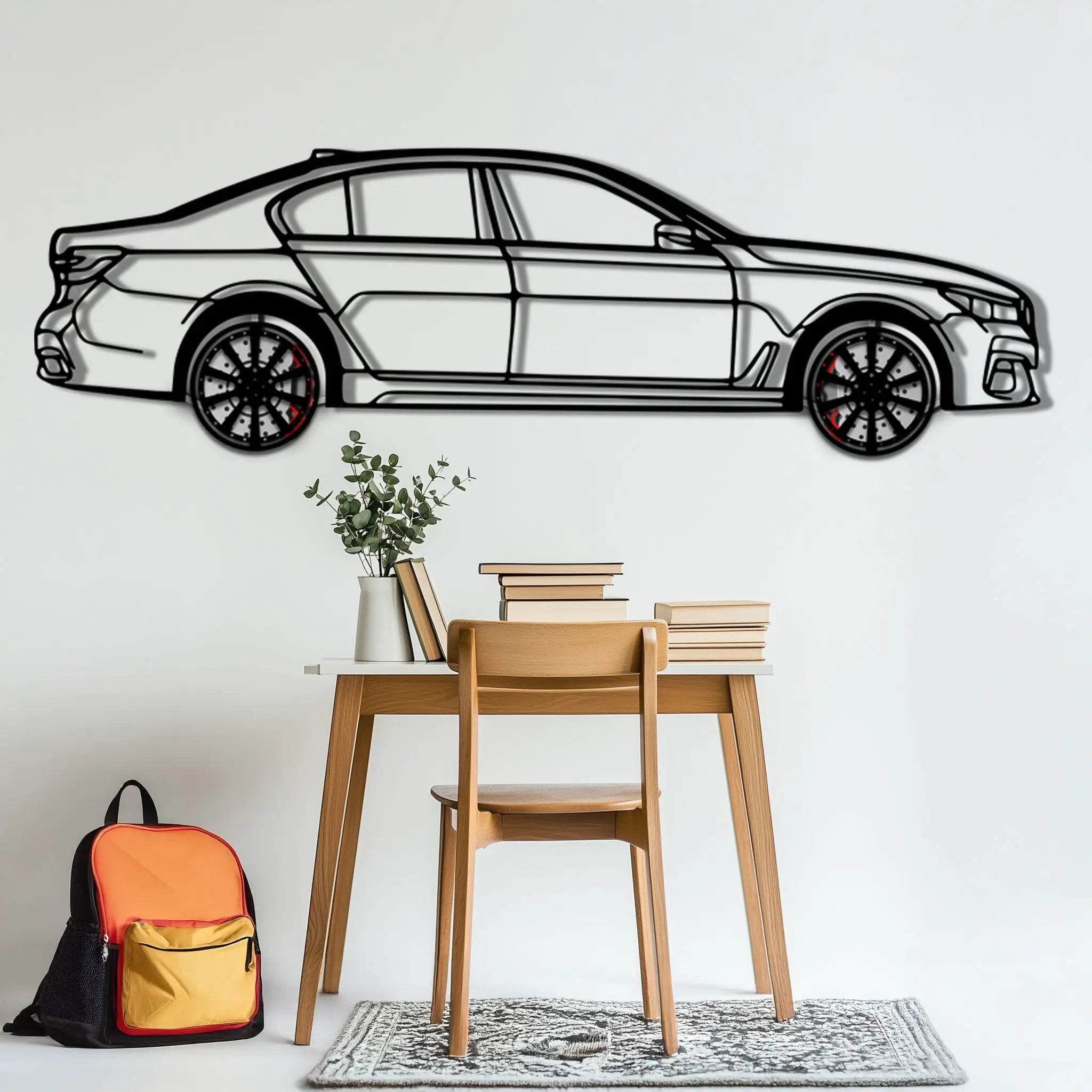 BMW 750i Metal Car Wall Art with Rotating Wheels - Luxury Executive Sedan Silhouette - Interactive Automotive Wall Decor - KAFMEKA104 by Enova Art