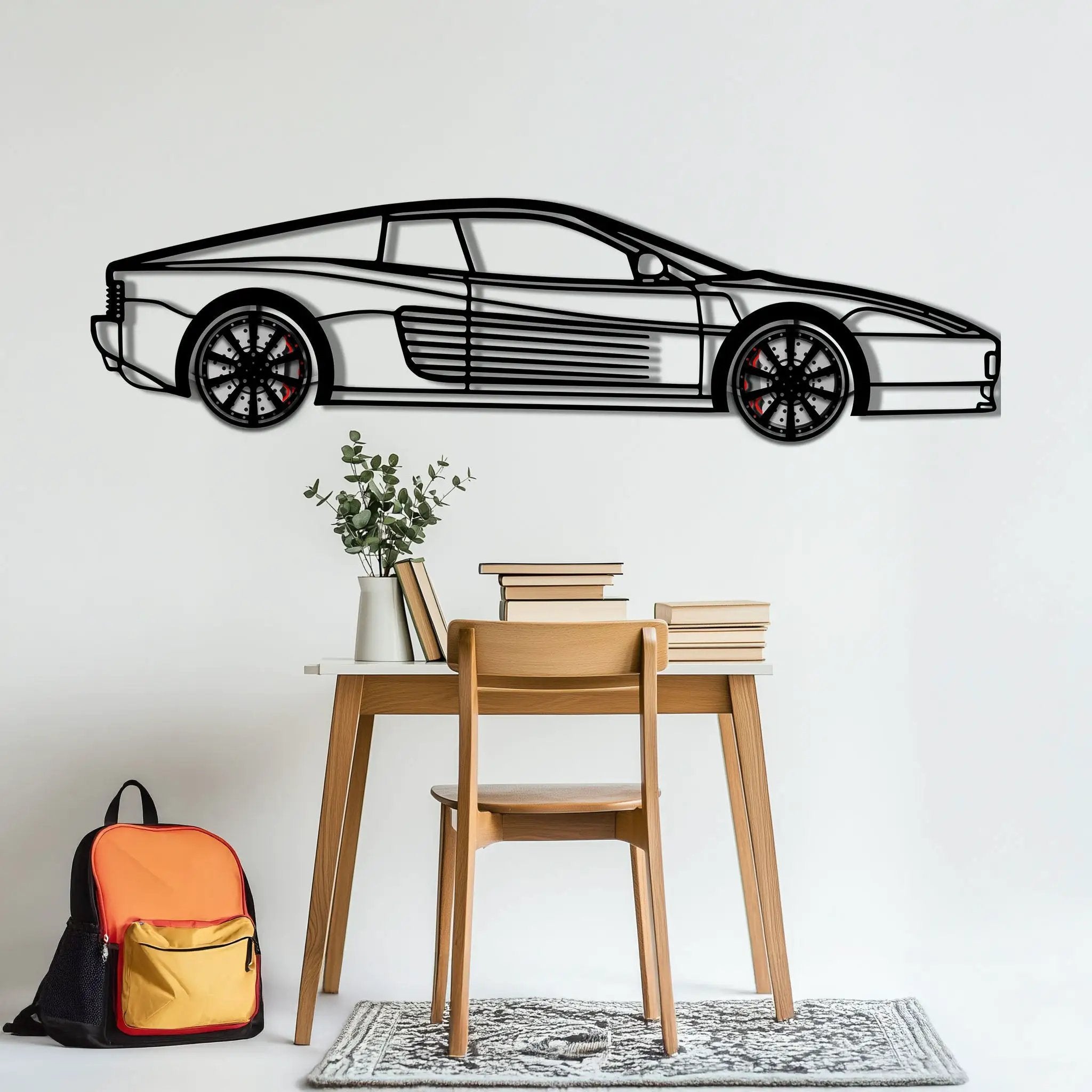 Ferrari Testarossa Metal Car Wall Art with Rotating Wheels - Iconic 80s Supercar Silhouette - Interactive Retro Automotive Decor - KAFMEKA136 by Enova Art