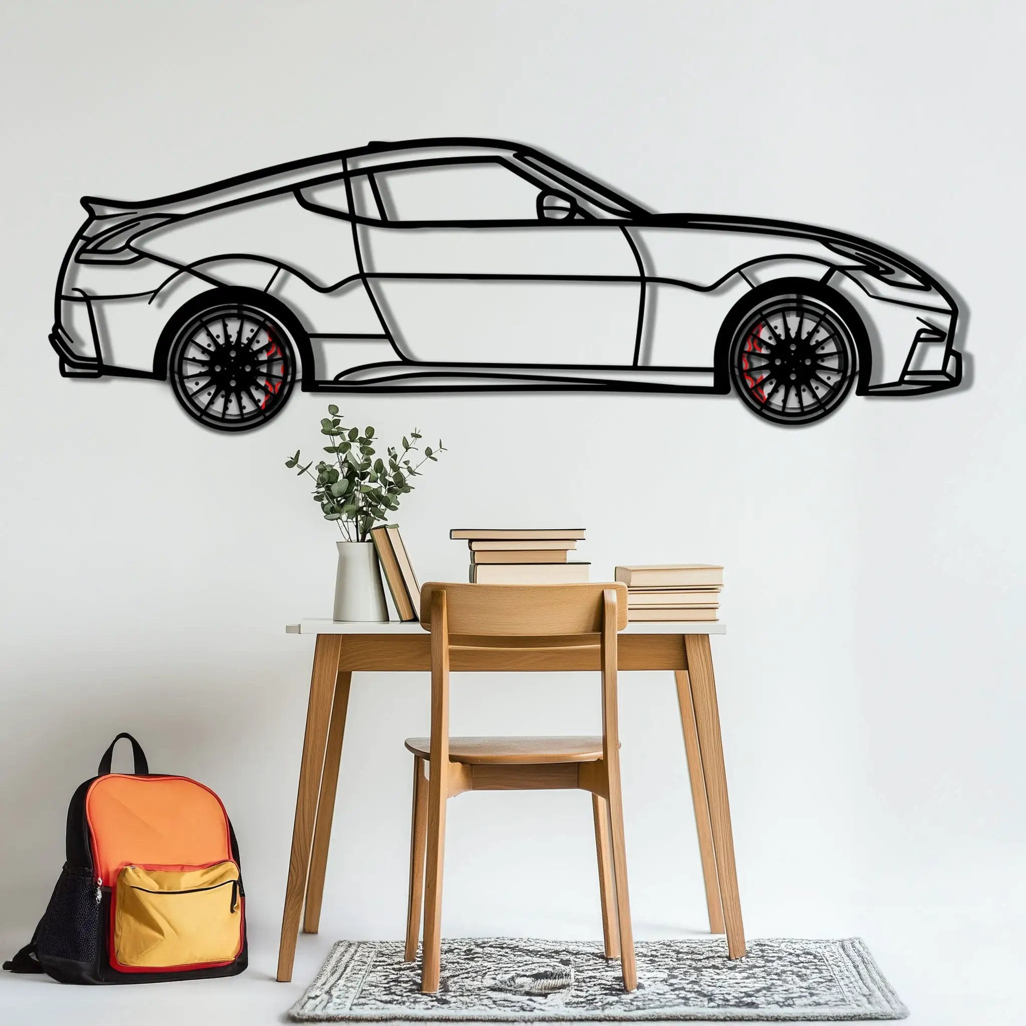 Nissan 350Z Metal Car Wall Art with Rotating Wheels - JDM Fairlady Z33 Silhouette - Interactive Automotive Wall Decor - KAFMEKA153 by Enova Art