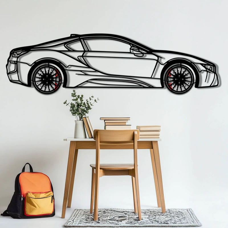 BMW i8 Metal Car Wall Art with Rotating Wheels - Futuristic Hybrid Supercar Silhouette - Interactive Automotive Decor - KAFMEKA106 by Enova Art