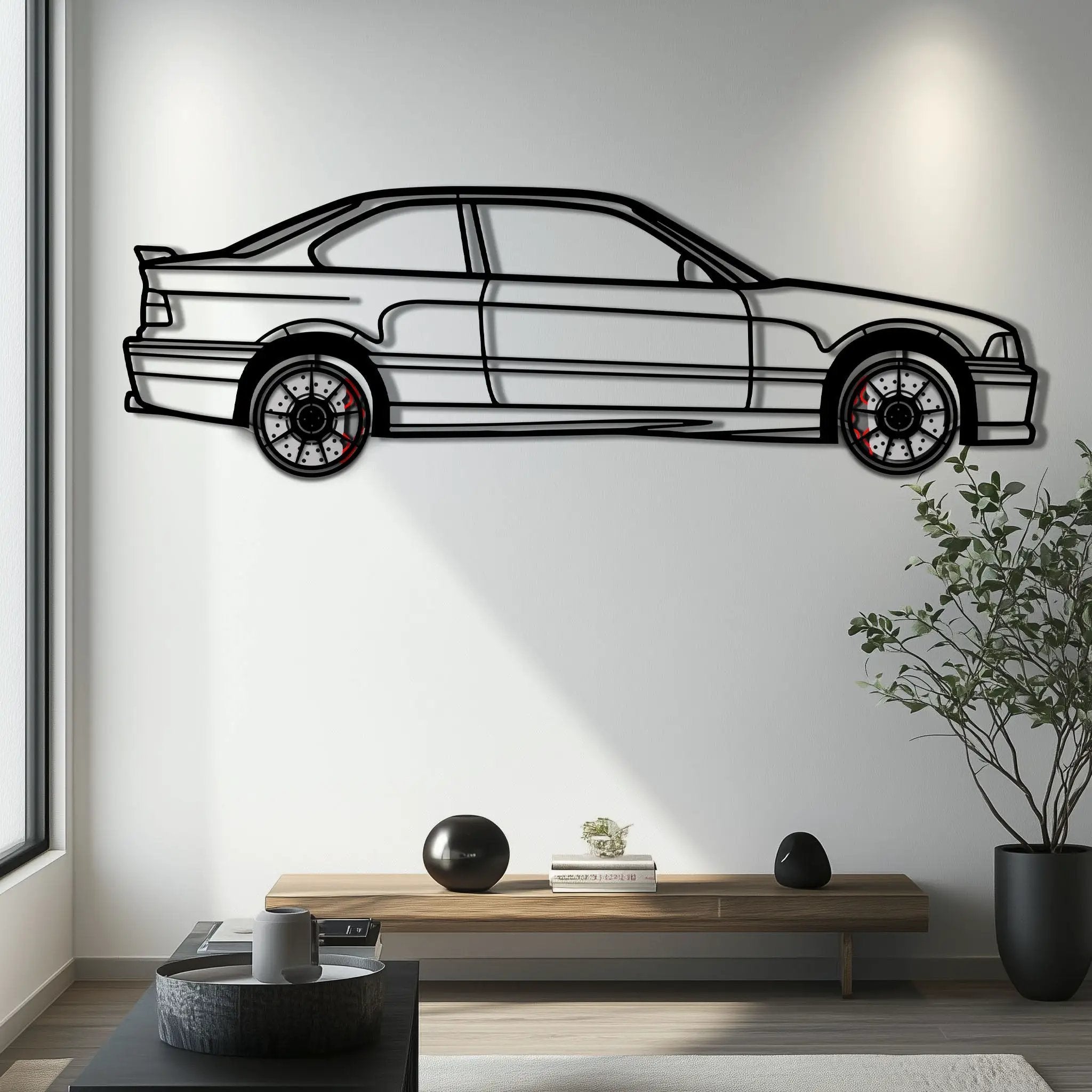 BMW E36 M3 Metal Car Wall Art with Rotating Wheels - 90s Performance Legend Silhouette - Interactive Automotive Wall Decor - KAFMEKA101 by Enova Art