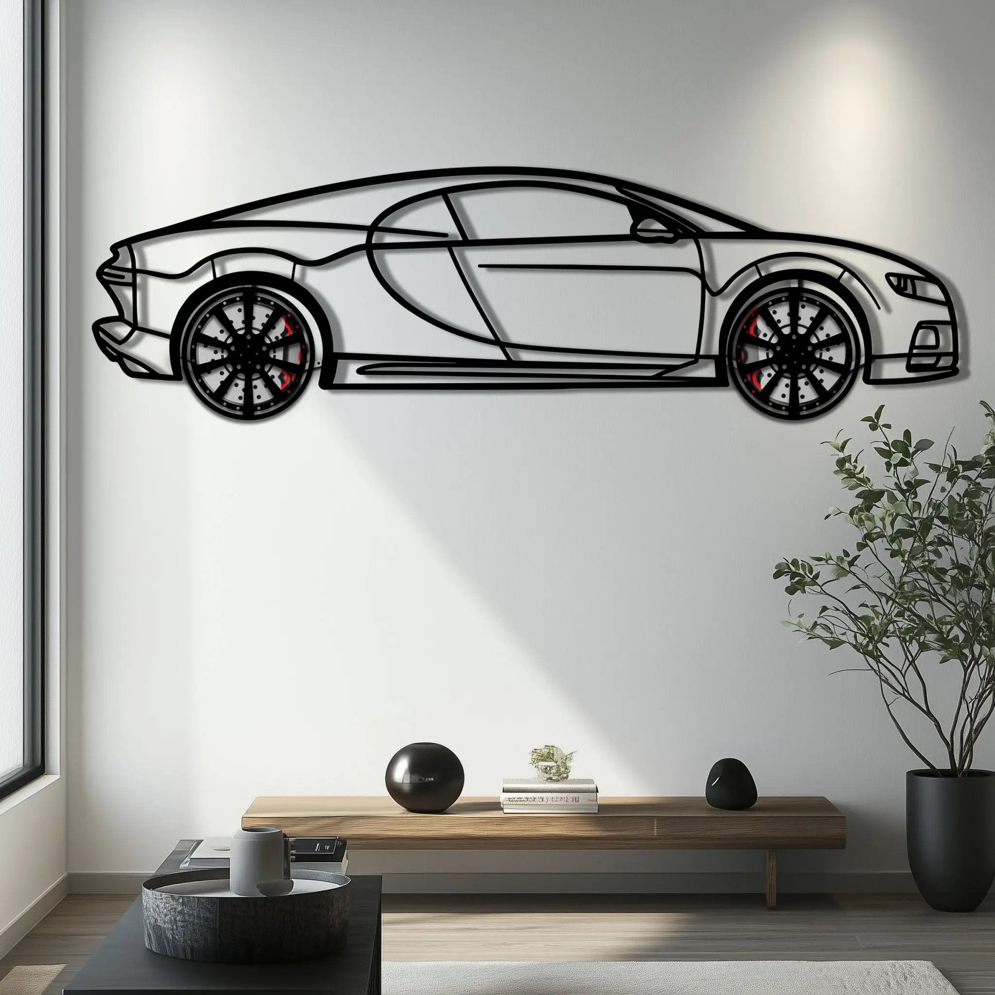 Bugatti Chiron Metal Car Wall Art with Rotating Wheels - Ultimate Hypercar Silhouette Decor - Interactive Automotive Wall Art - KAFMEKA116 by Enova Art