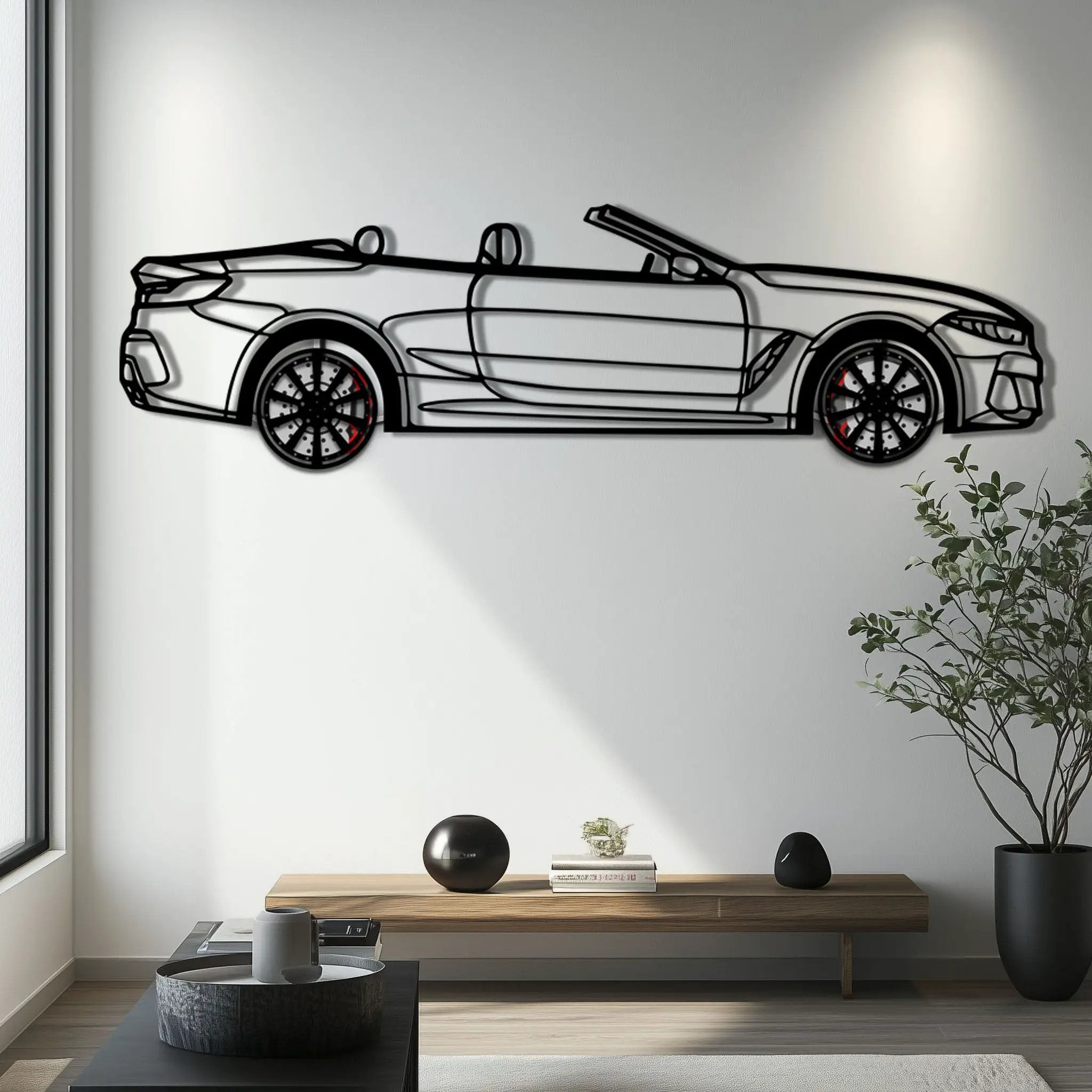 BMW 850i Metal Car Wall Art with Rotating Wheels - Luxury Grand Tourer Silhouette - Interactive Automotive Wall Decor - KAFMEKA105 by Enova Art