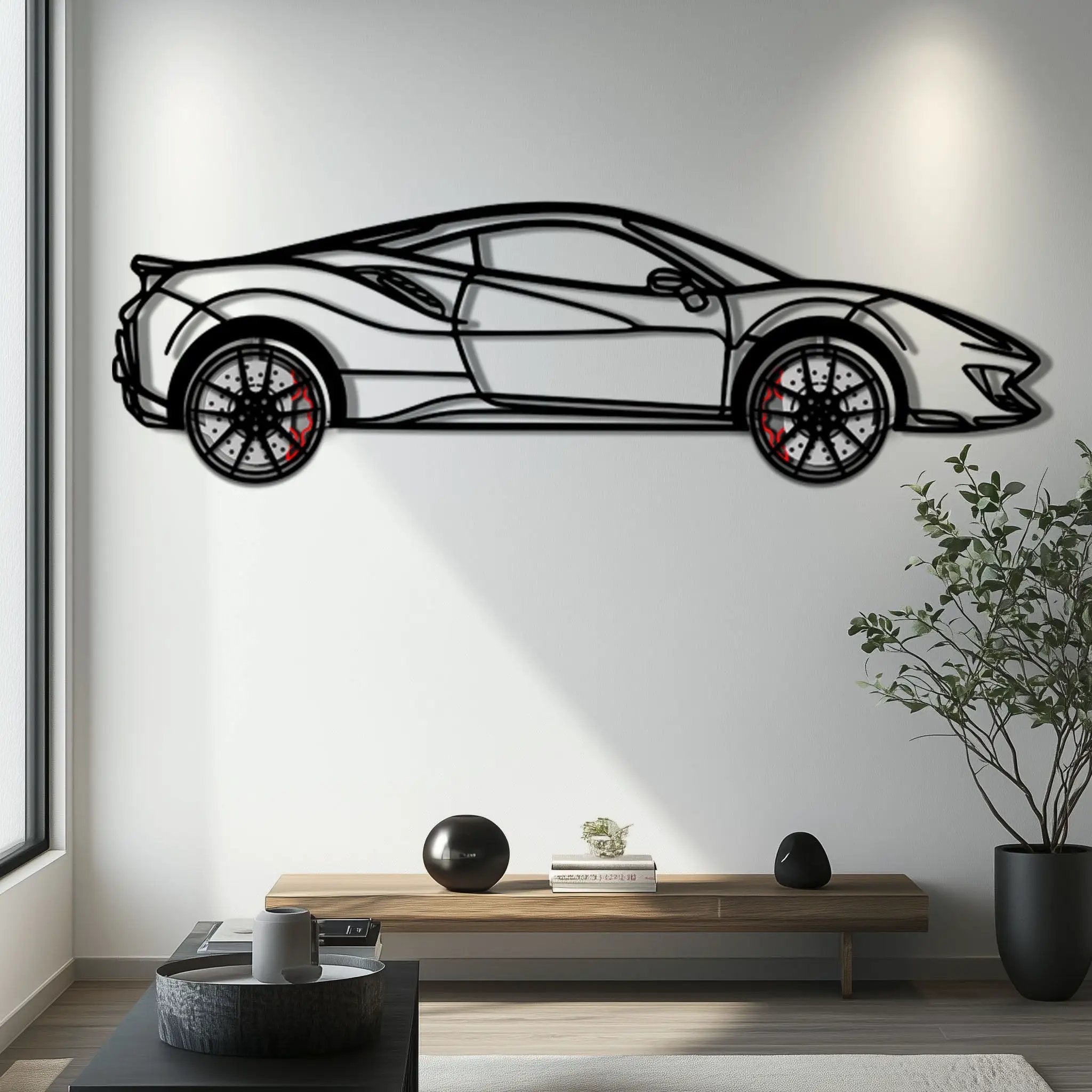 Ferrari 488 Pista Metal Car Wall Art with Rotating Wheels - Track-Focused Italian V8 Silhouette - Interactive Automotive Wall Decor - KAFMEKA128 by Enova Art