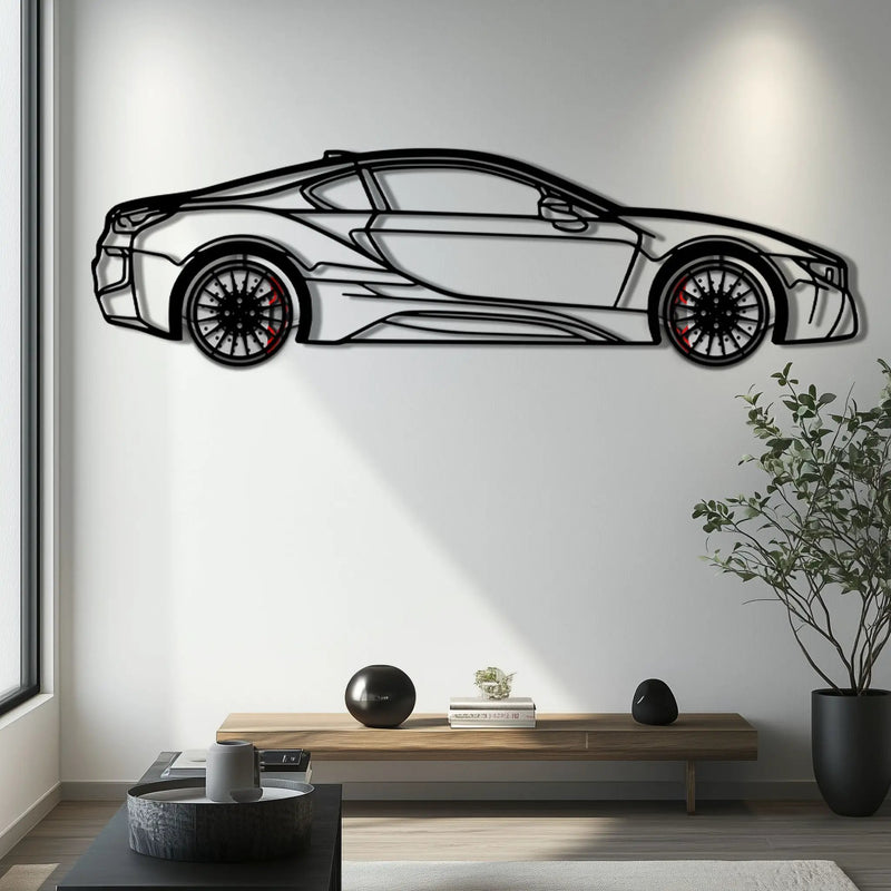BMW i8 Metal Car Wall Art with Rotating Wheels - Futuristic Hybrid Supercar Silhouette - Interactive Automotive Decor - KAFMEKA106 by Enova Art