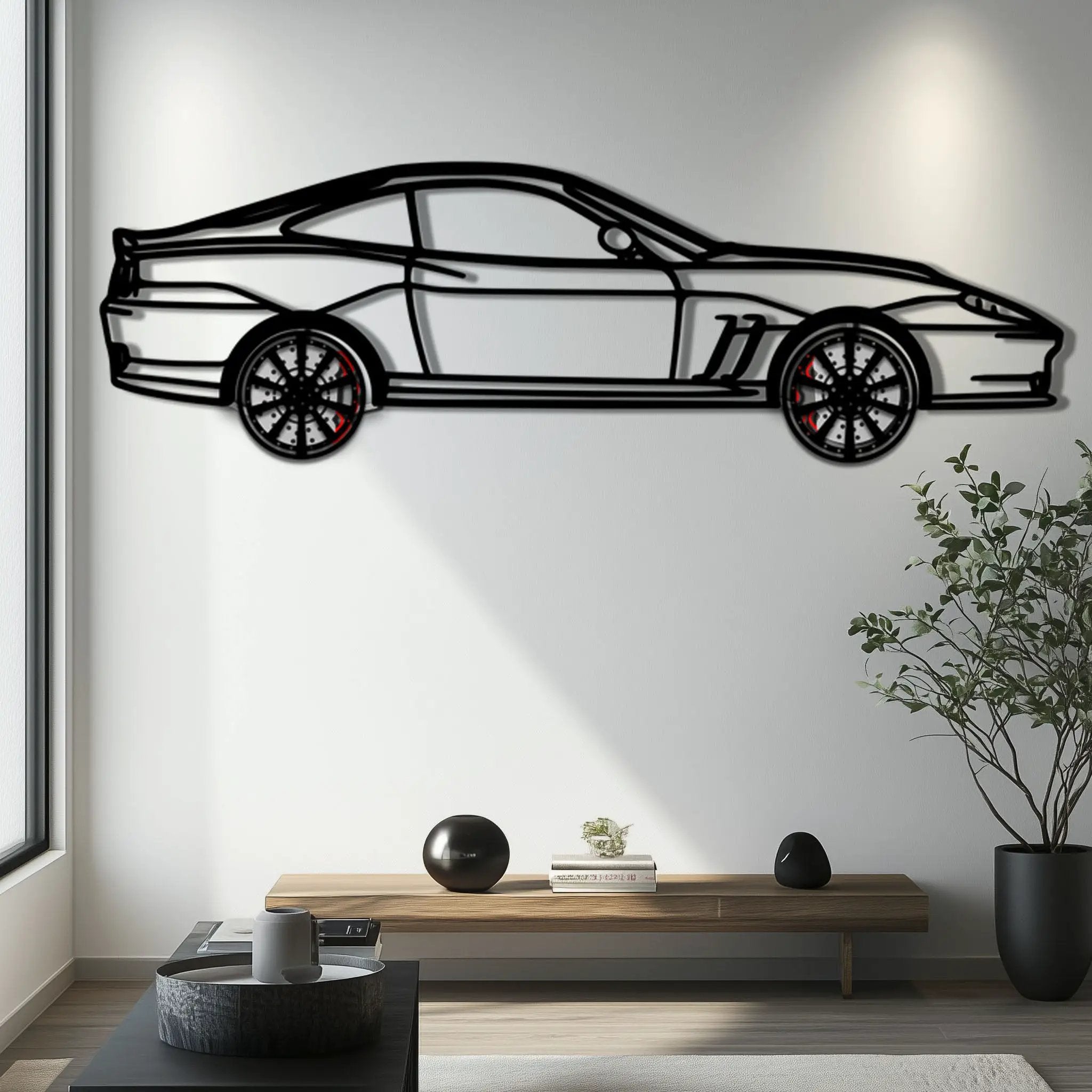 Ferrari 550 Maranello Metal Car Wall Art with Rotating Wheels - V12 Grand Tourer Silhouette - Interactive Automotive Wall Decor - KAFMEKA129 by Enova Art