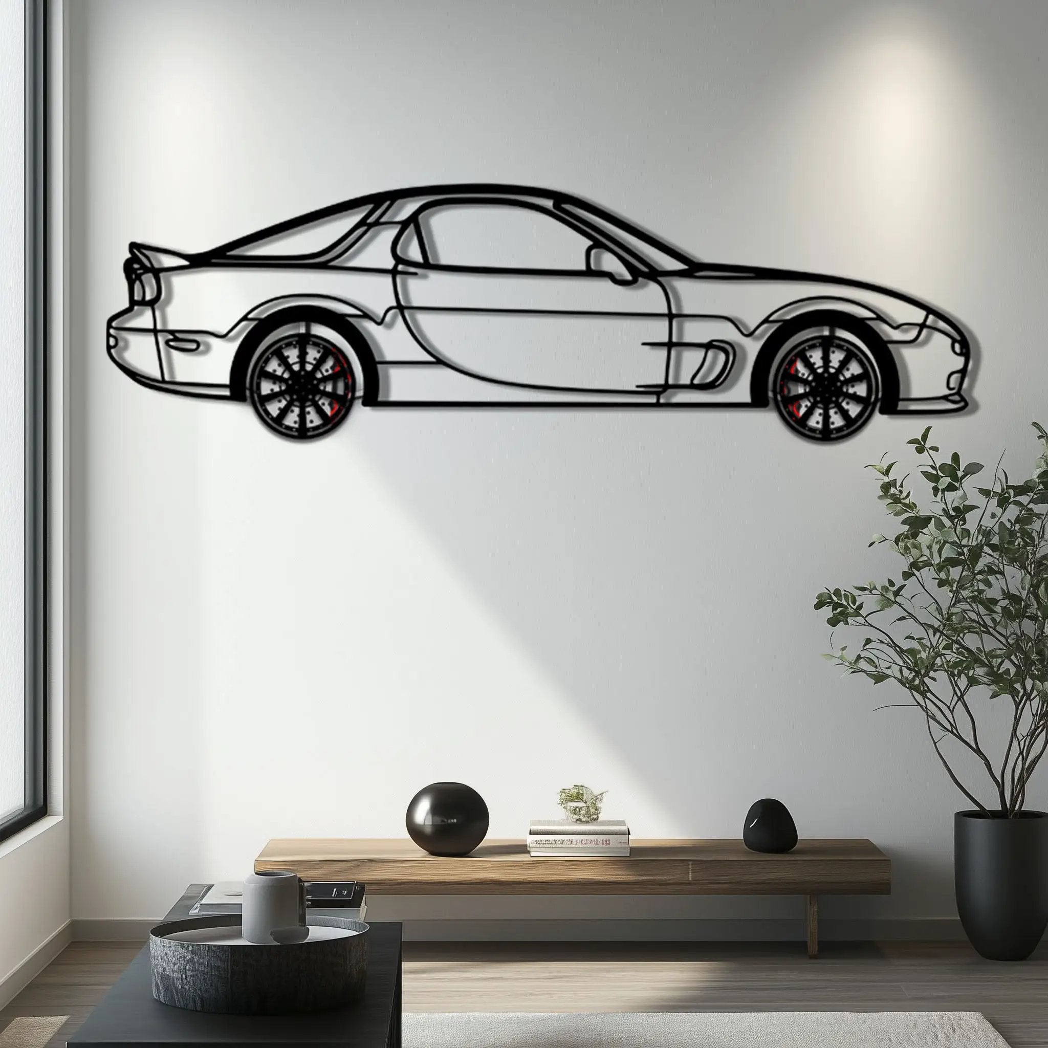 Mazda RX-7 Metal Car Wall Art with Rotating Wheels - FD3S Rotary Legend Silhouette - Interactive Automotive Wall Decor - KAFMEKA147 by Enova Art