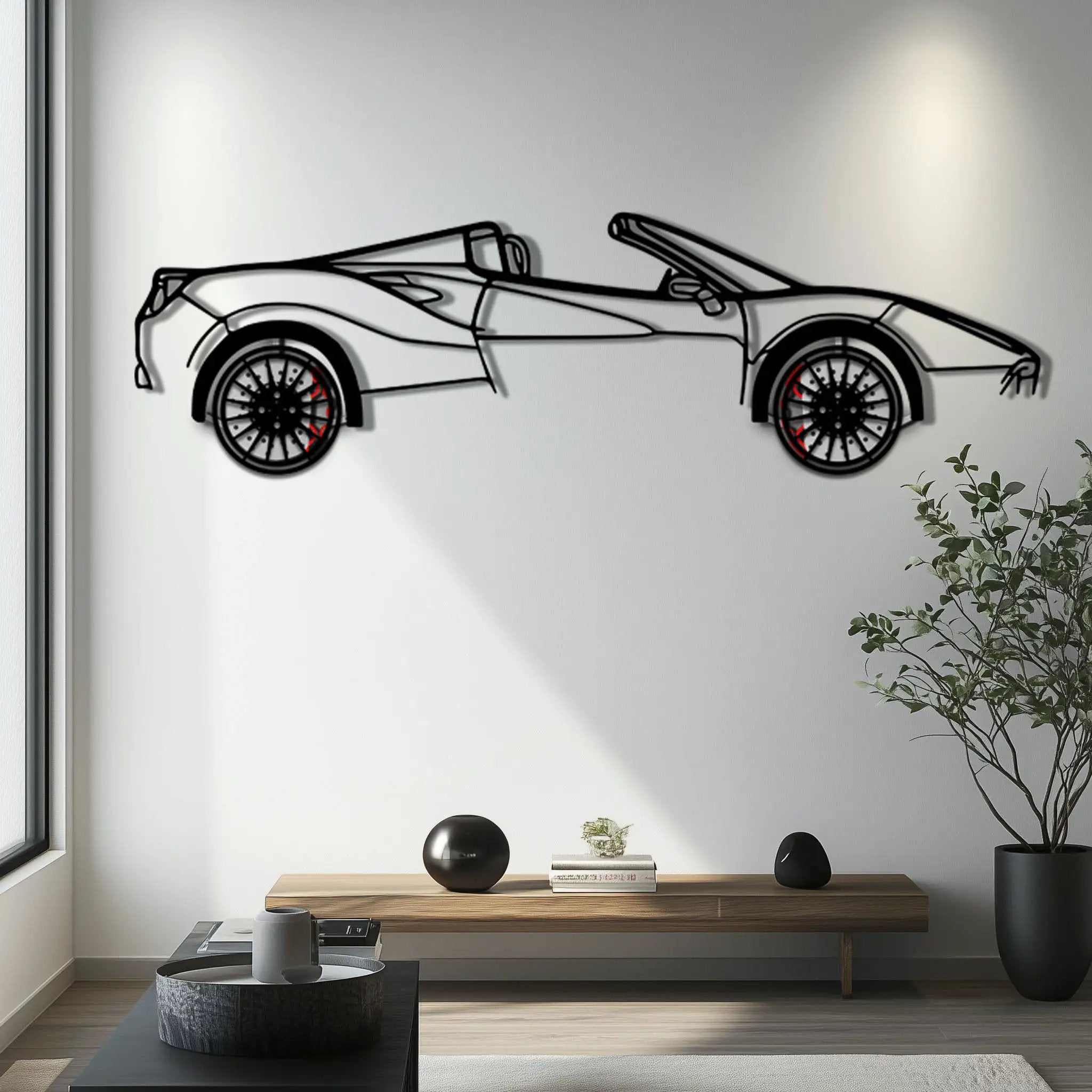 Ferrari 488 Spider Metal Car Wall Art with Rotating Wheels - Italian Twin-Turbo V8 Silhouette - Interactive Automotive Wall Decor - KAFMEKA126 by Enova Art