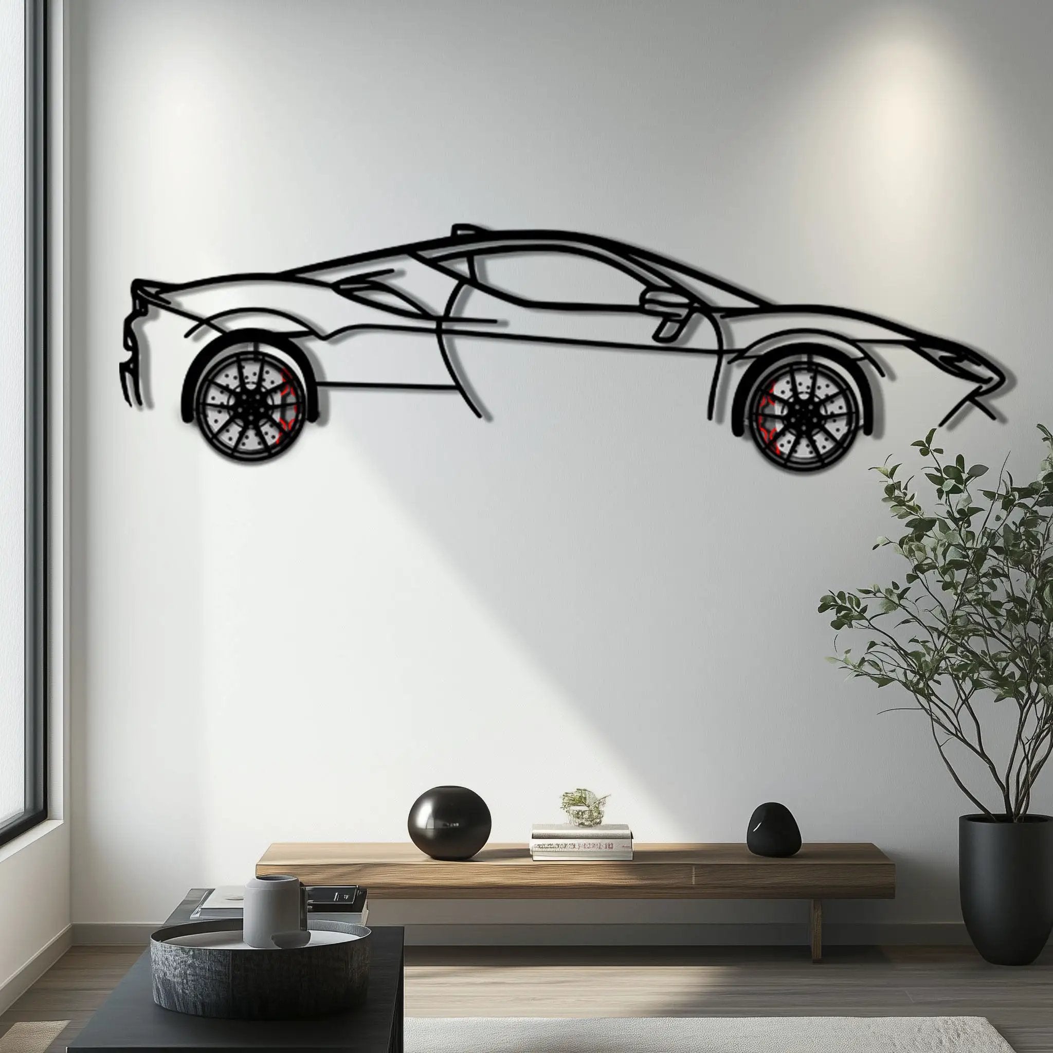 Ferrari SF90 Stradale Metal Car Wall Art with Rotating Wheels - Hybrid Hypercar Silhouette - Interactive Automotive Wall Decor - KAFMEKA135 by Enova Art