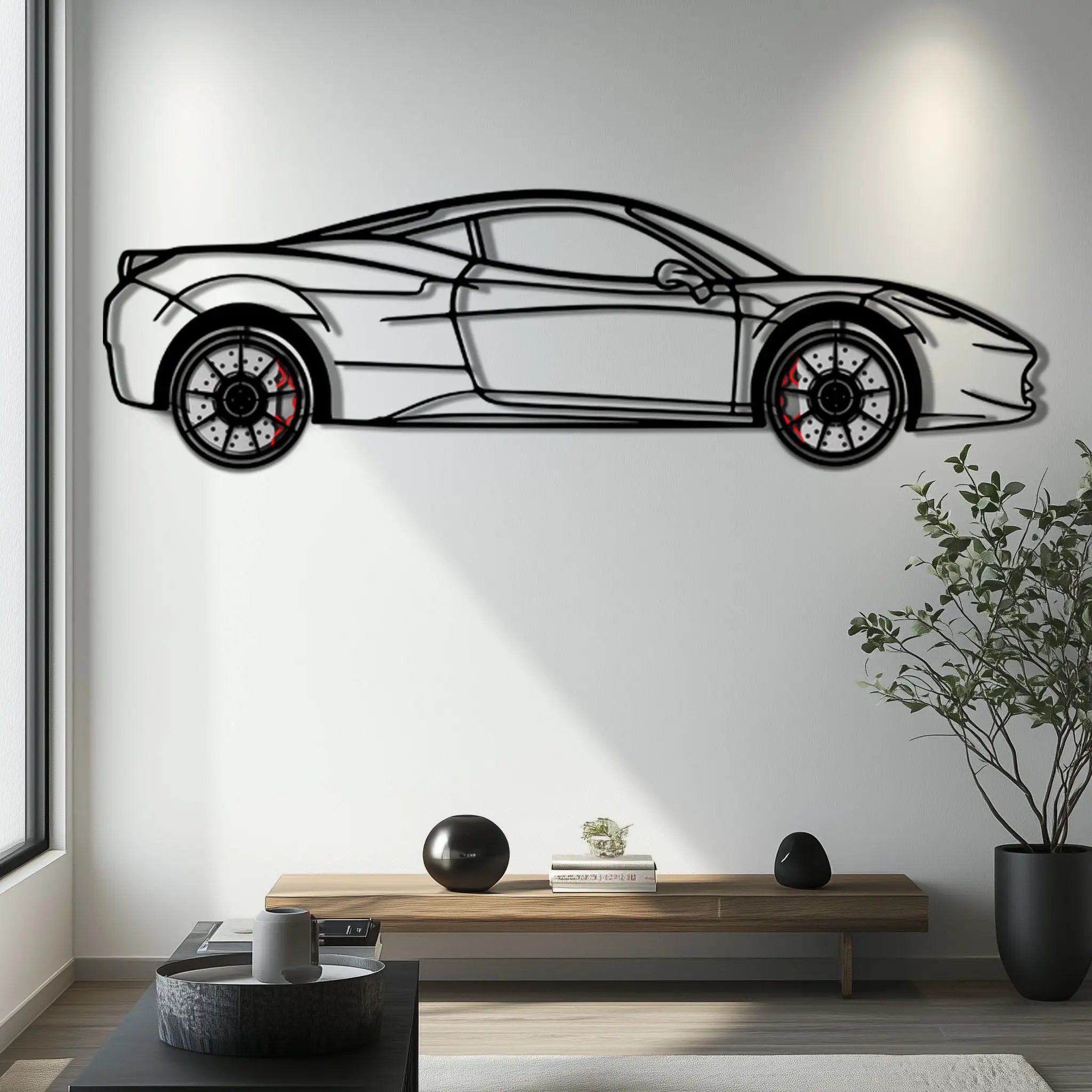 Ferrari 458 Italia Metal Car Wall Art with Rotating Wheels - V8 Supercar Silhouette Decor - Interactive Automotive Wall Art - KAFMEKA124 by Enova Art