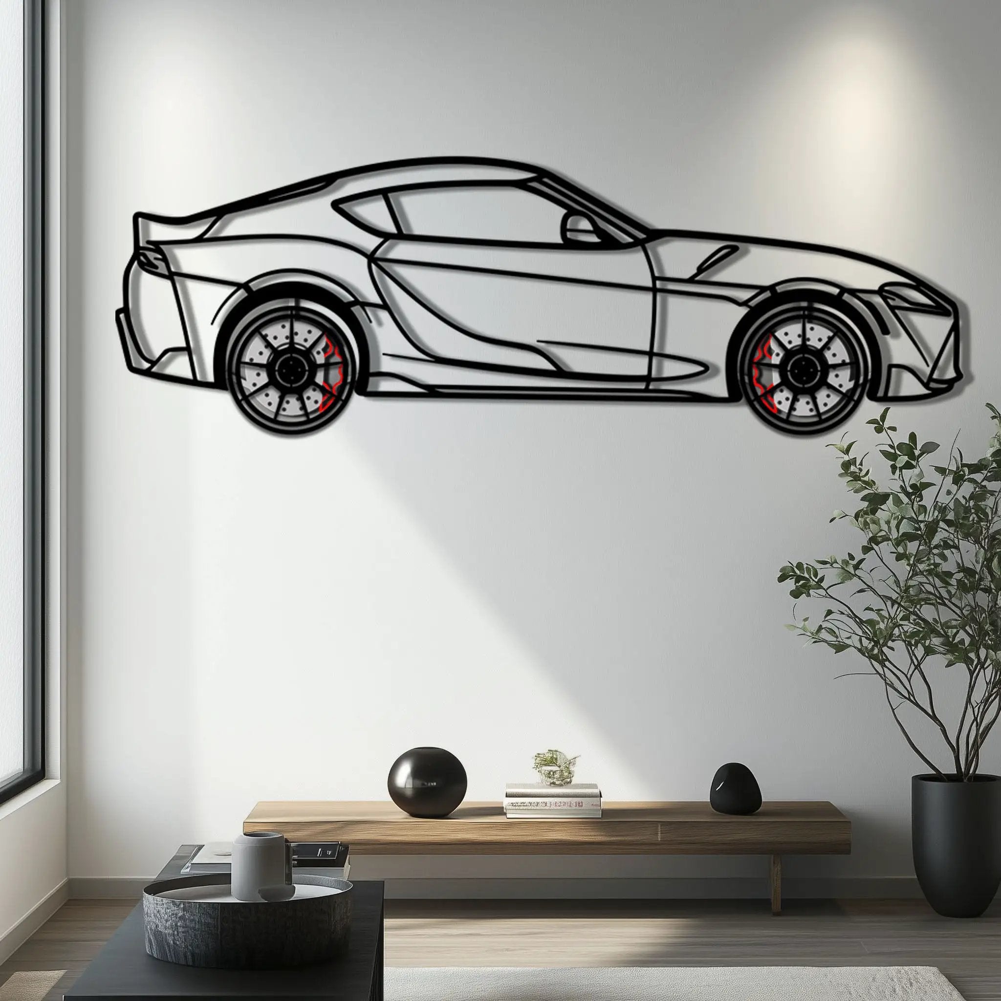 Toyota GR Supra (A90) Metal Car Wall Art with Rotating Wheels - Modern JDM Legend Silhouette - Interactive Automotive Wall Decor - KAFMEKA156 by Enova Art