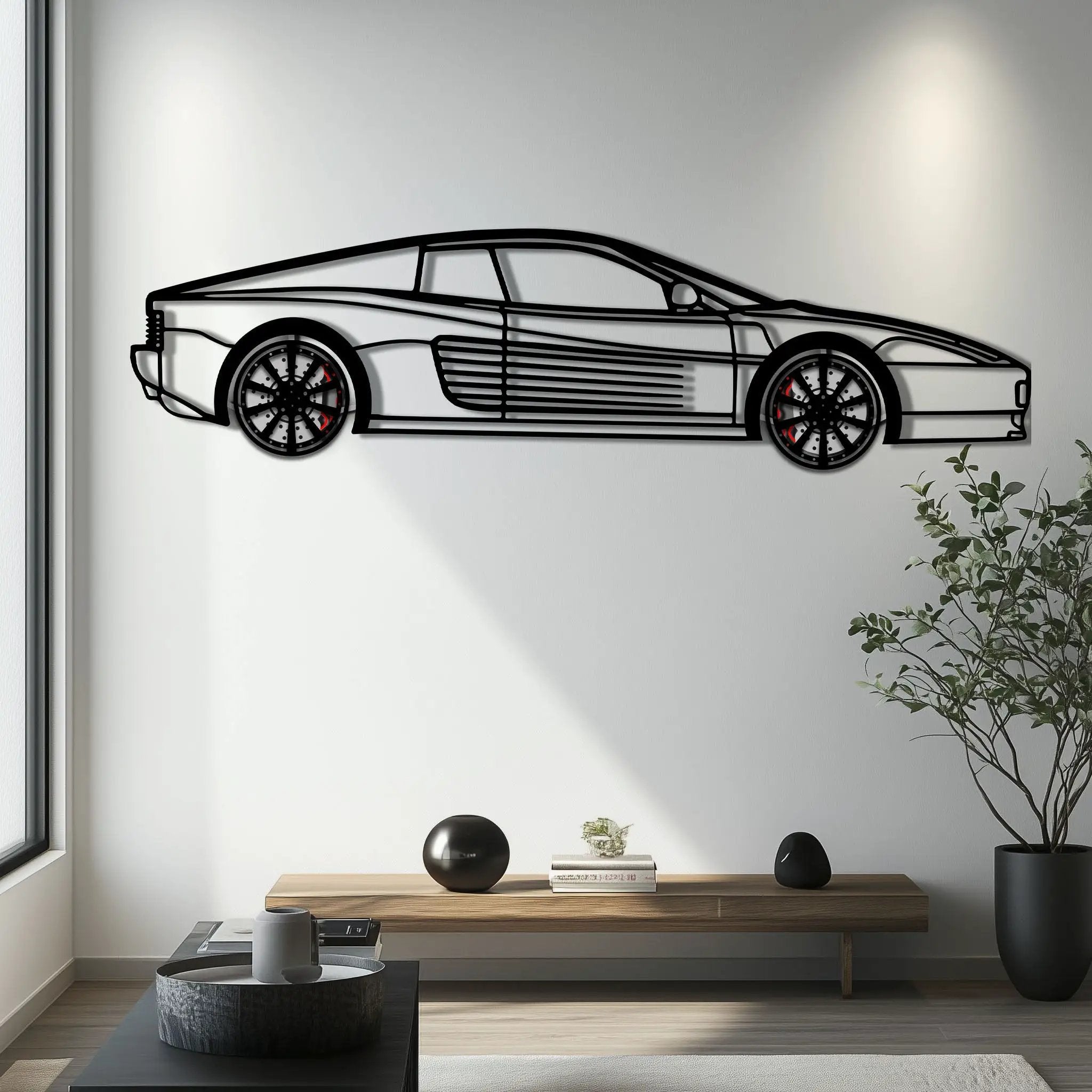 Ferrari Testarossa Metal Car Wall Art with Rotating Wheels - Iconic 80s Supercar Silhouette - Interactive Retro Automotive Decor - KAFMEKA136 by Enova Art