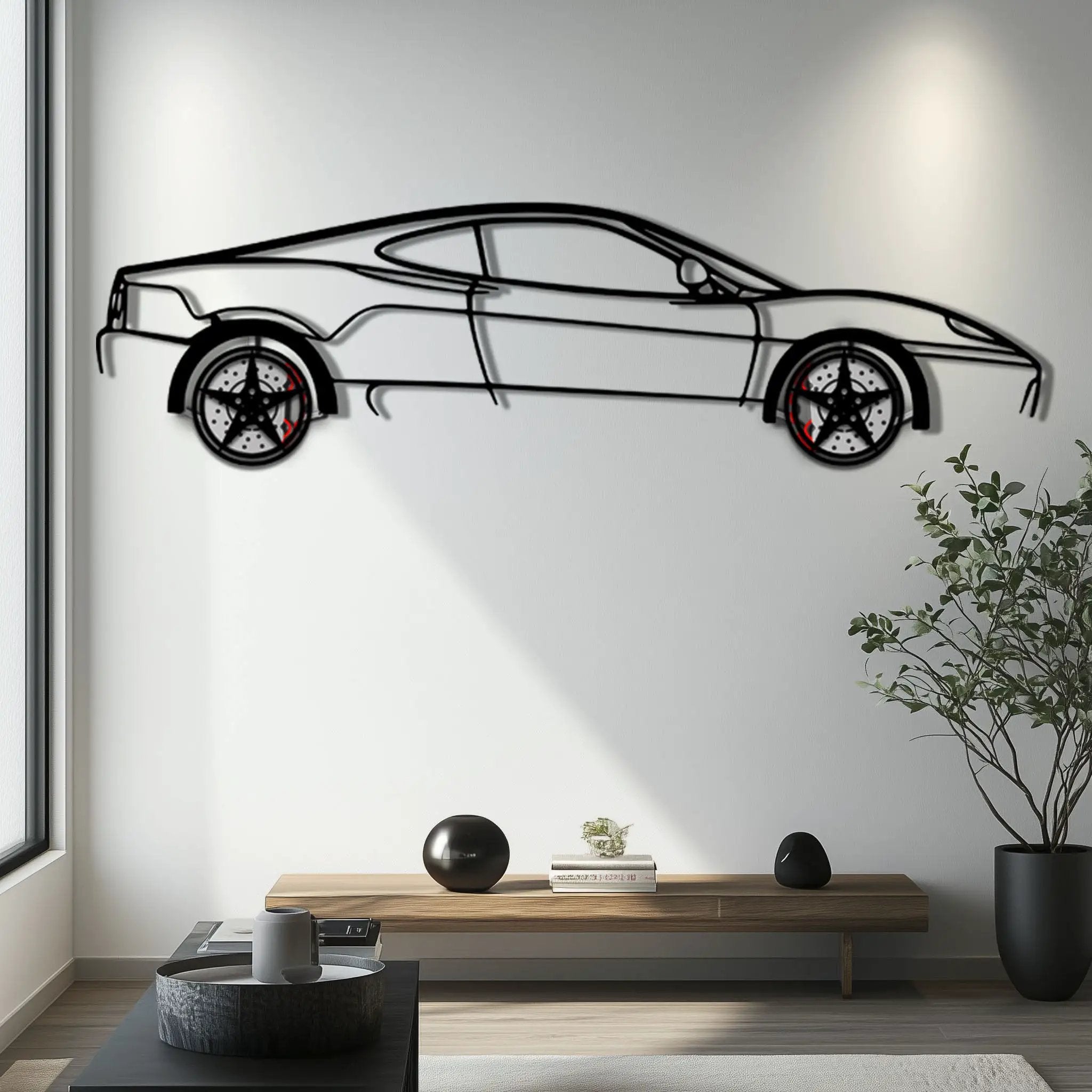 Ferrari 360 Modena Metal Car Wall Art with Rotating Wheels - Italian V8 Supercar Silhouette - Interactive Automotive Decor - KAFMEKA122 by Enova Art