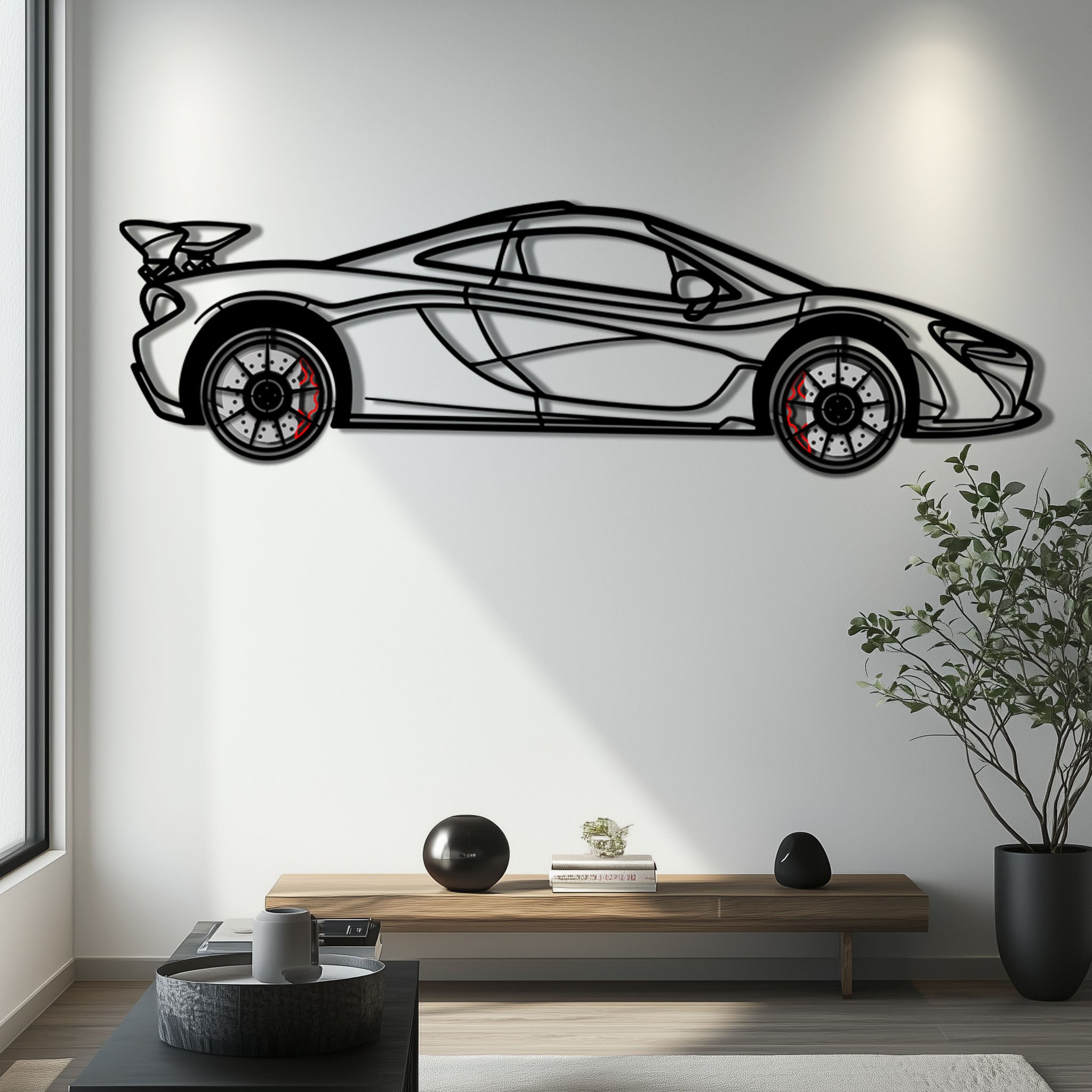 McLaren P1 Metal Car Wall Art with Rotating Wheels - Ultimate Hybrid Hypercar Silhouette - Interactive Automotive Wall Decor - KAFMEKA150 by Enova Art