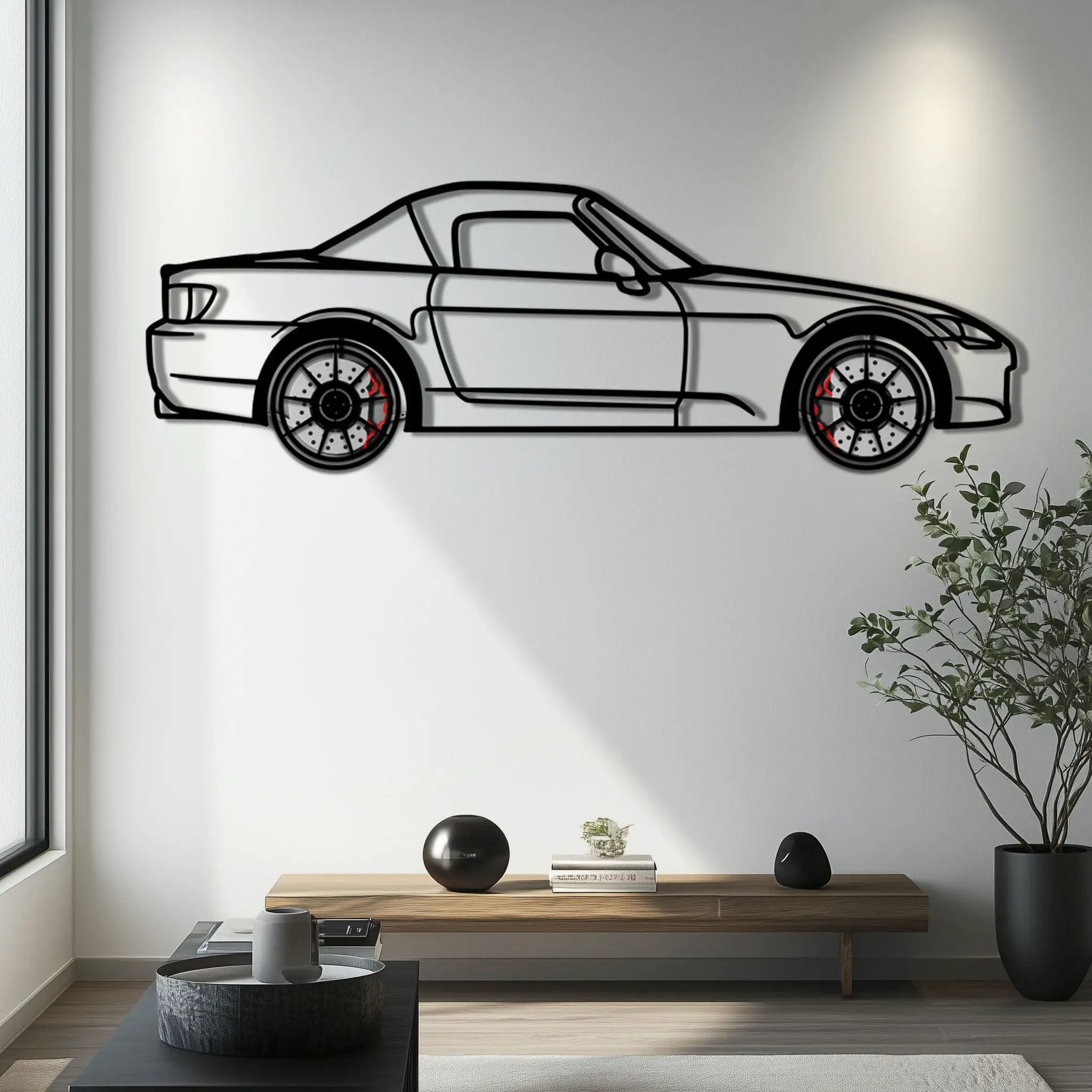 Honda S2000 Metal Car Wall Art with Rotating Wheels - JDM Roadster Silhouette - Interactive Automotive Wall Decor - KAFMEKA143 by Enova Art
